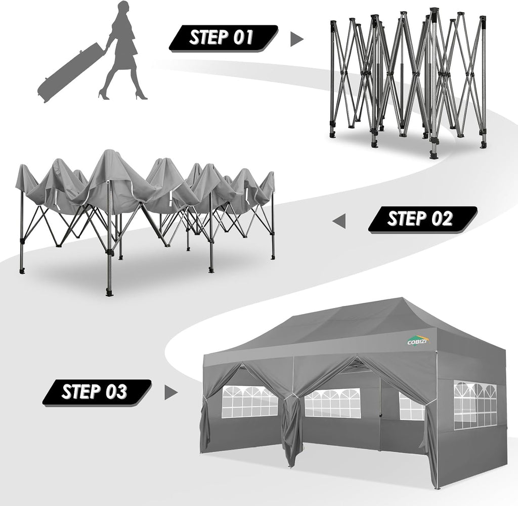 COBIZI 10x20 Canopy with Sidewalls, Heavy Duty Party Tent Pop up Canopy, Tents for Parties, Wedding, Outdoor Easy up Foldable Portable Canopy Tent with Wheeled Bag, Grey(Windproof Upgrade)