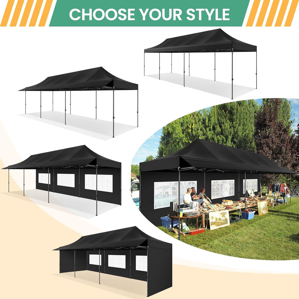 COBIZI 10x30 Pop Up Canopy Tent with Awning & Sidewalls, Heavy Duty Commercial 10X30 Canopy Tents Instant Waterproof, UPF 50+ Sun Shade for Outdoor, Parties, Markets (Black)