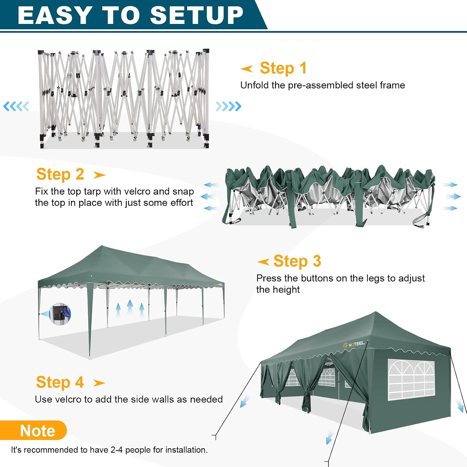 HOTEEL 10x30 Pop Up Canopy with 8 Sidewalls, Easy Setup Party Tent with Weight Bags, Wheeled Bag, Waterproof Event Shelter with Extra Roof Height for Backyard, Wedding (Green Gray)