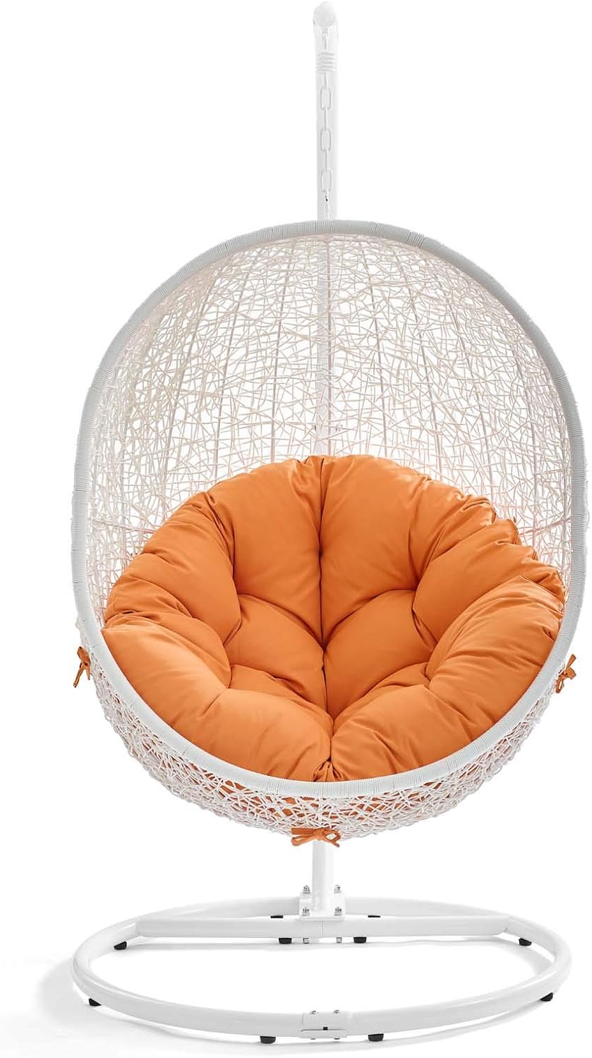 Modway Hide Wicker Rattan Outdoor Patio Porch Lounge Egg Swing Chair Set with Stand in White Orange