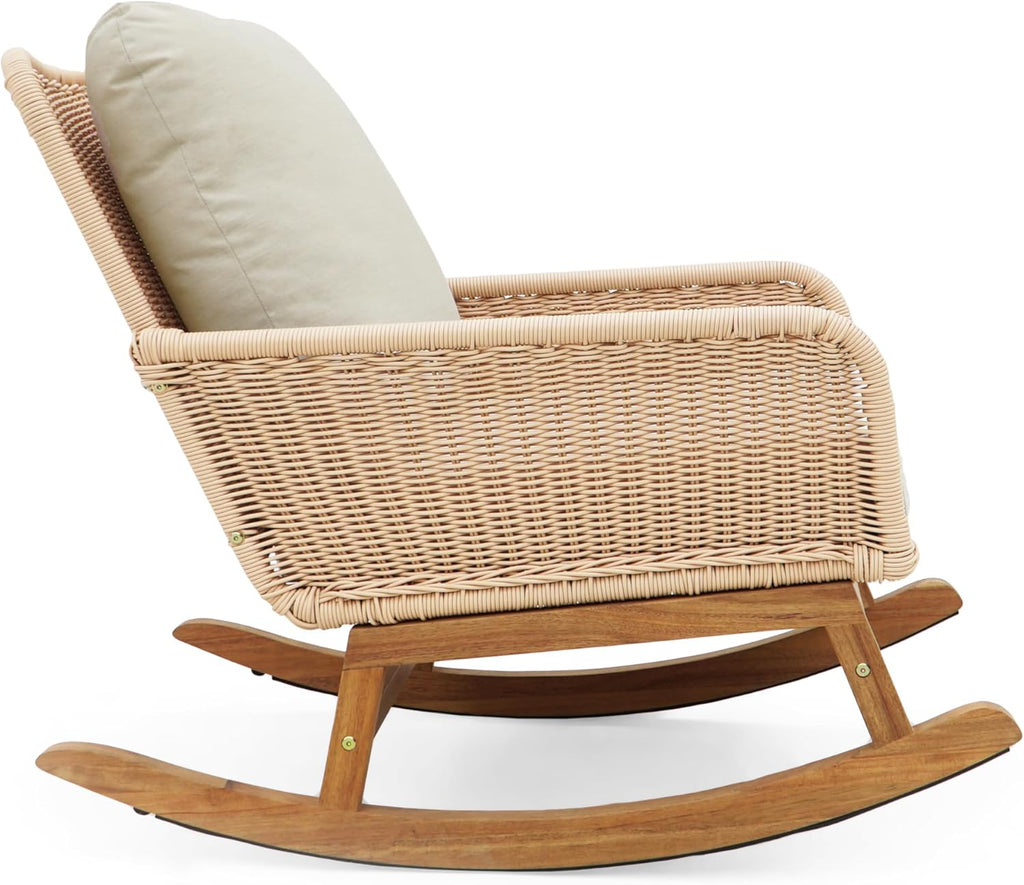 Christopher Knight Home Nadine Patio Rocking Chair, Wicker Rocker, Wood Leg Rocking Chair, PE Rattan Wicker Chair, Rocking Chair with Cushions, Comfort Wicker Rocker for Backyard Balcony Porch, Beige