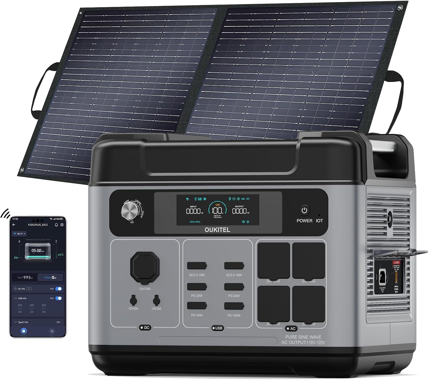 OUKITEL P2001 Plus 2400W Solar Generator with 100W Solar Panel, 2048Wh Solar power station, 1800W Fast Charging, Smart APP Control Emergency Power Station for Home, Camping, Outdoor Battery Backup