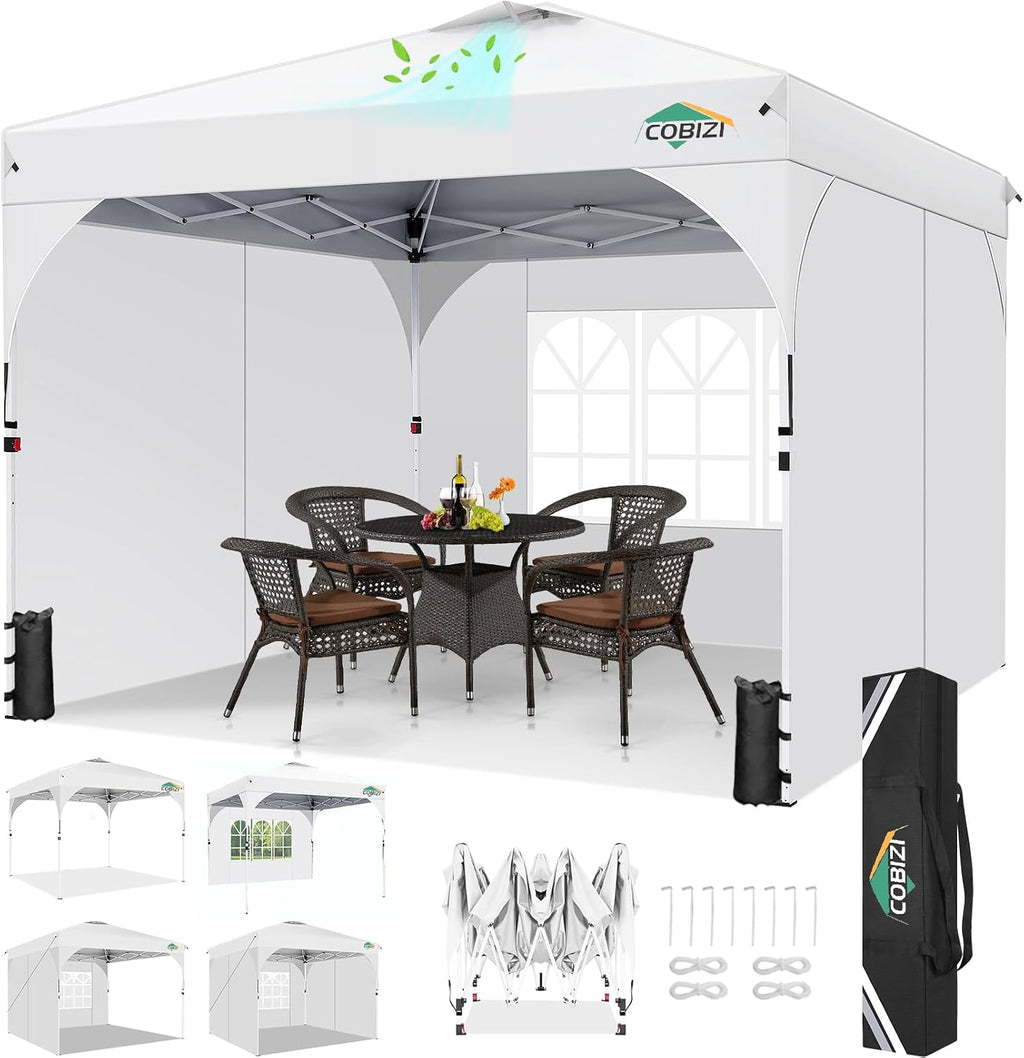 COBIZI 10x10 Pop Up Canopy with 3 Removable Sidewalls, Easy Pop Up Comercial Instant Canopy with One Push Center Lock, Waterproof Canopy with Sidewalls for Event, Rope & Stakes & Sandbags, White