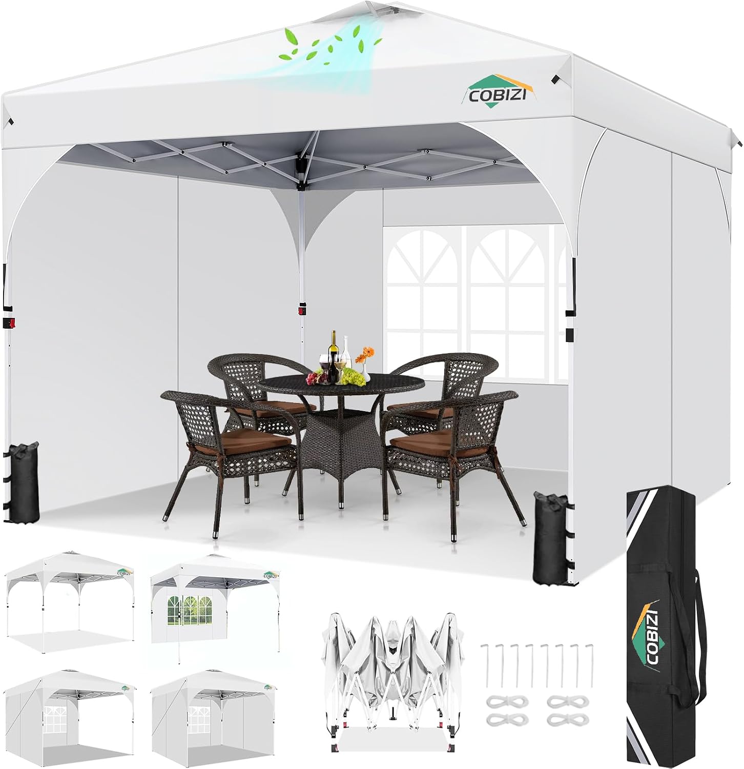 COBIZI 10x10 Pop Up Canopy with 3 Removable Sidewalls, Easy Pop Up Comercial Instant Canopy with One Push Center Lock, Waterproof Canopy with Sidewalls for Event, Rope & Stakes & Sandbags, White