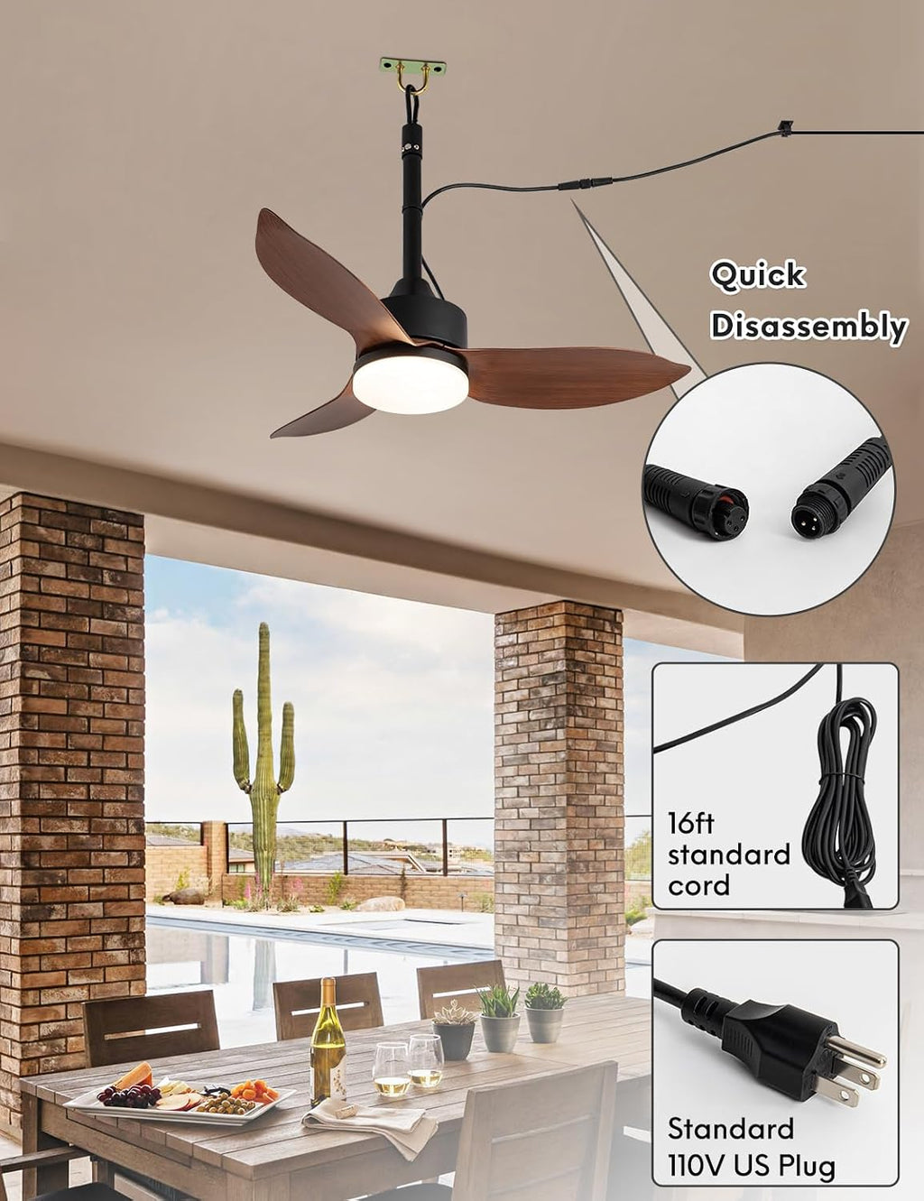 EKIZNSN 39' IP65 Waterproof Outdoor Gazebo Fan, Plug-In Wet Rated Ceiling Fan for Patios Pergola Garage Outside Porch, Brown