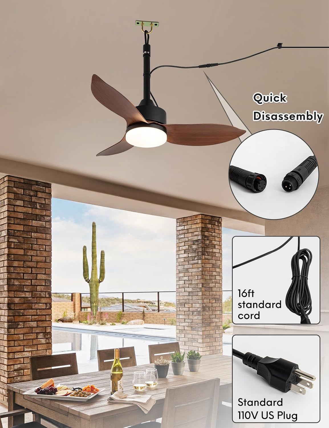EKIZNSN 39' IP65 Waterproof Outdoor Gazebo Fan, Plug-In Wet Rated Ceiling Fan for Patios Pergola Garage Outside Porch, Brown