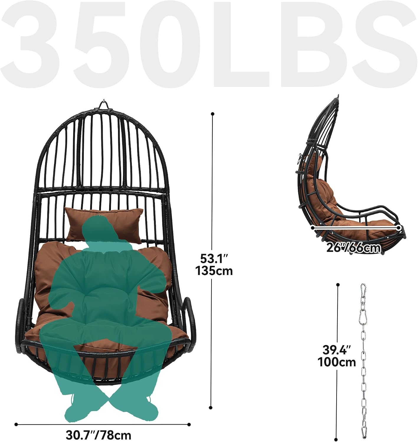 YITAHOME Hanging Egg Swing Chair Egg Chair Wicker Indoor Outdoor Hammock Egg Chair with Cushions 330lbs for Patio, Bedroom, Garden and Balcony, Brown (Stand not Included)
