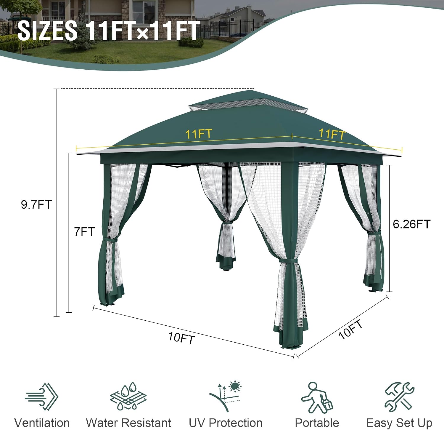 Pop Up Gazebo 11x11, Outdoor Instant Canopy Shelter Tent with Mosquito Netting Metal Frame Storage Bag for Patio Garden Backyard.(Green)