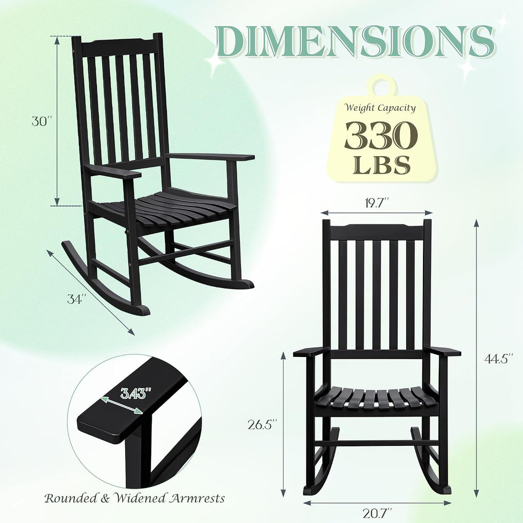 Flamaker Outdoor Rocking Chair Oversized Wooden Patio Chairs with Widened Armrest High Back Porch Rocker for Lawn, Garden, Backyard, Fire Pit (Black)