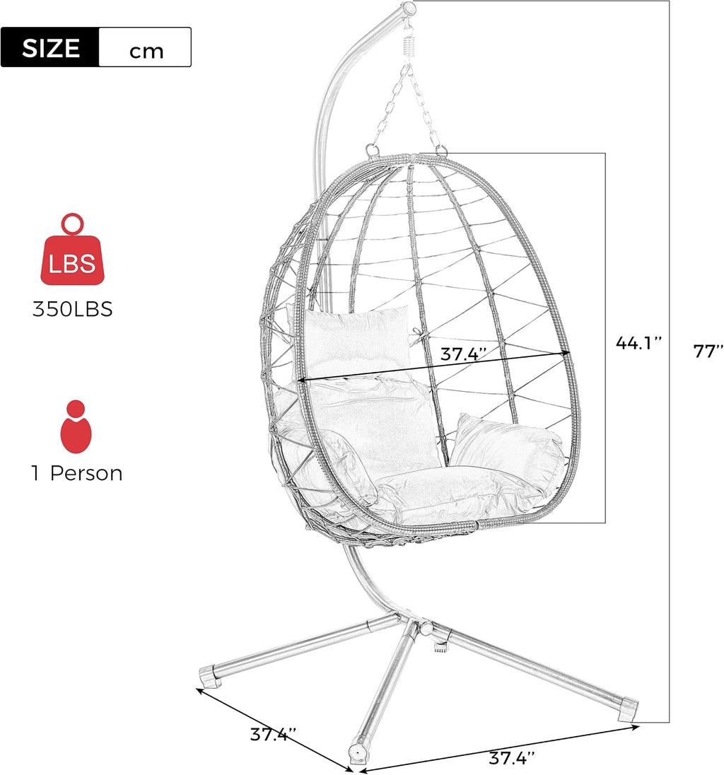 ZSQ Hanging Egg Chair with Stand, Indoor Outdoor Wicker Patio Swing Chair, All-Weather with Cushion (Red)