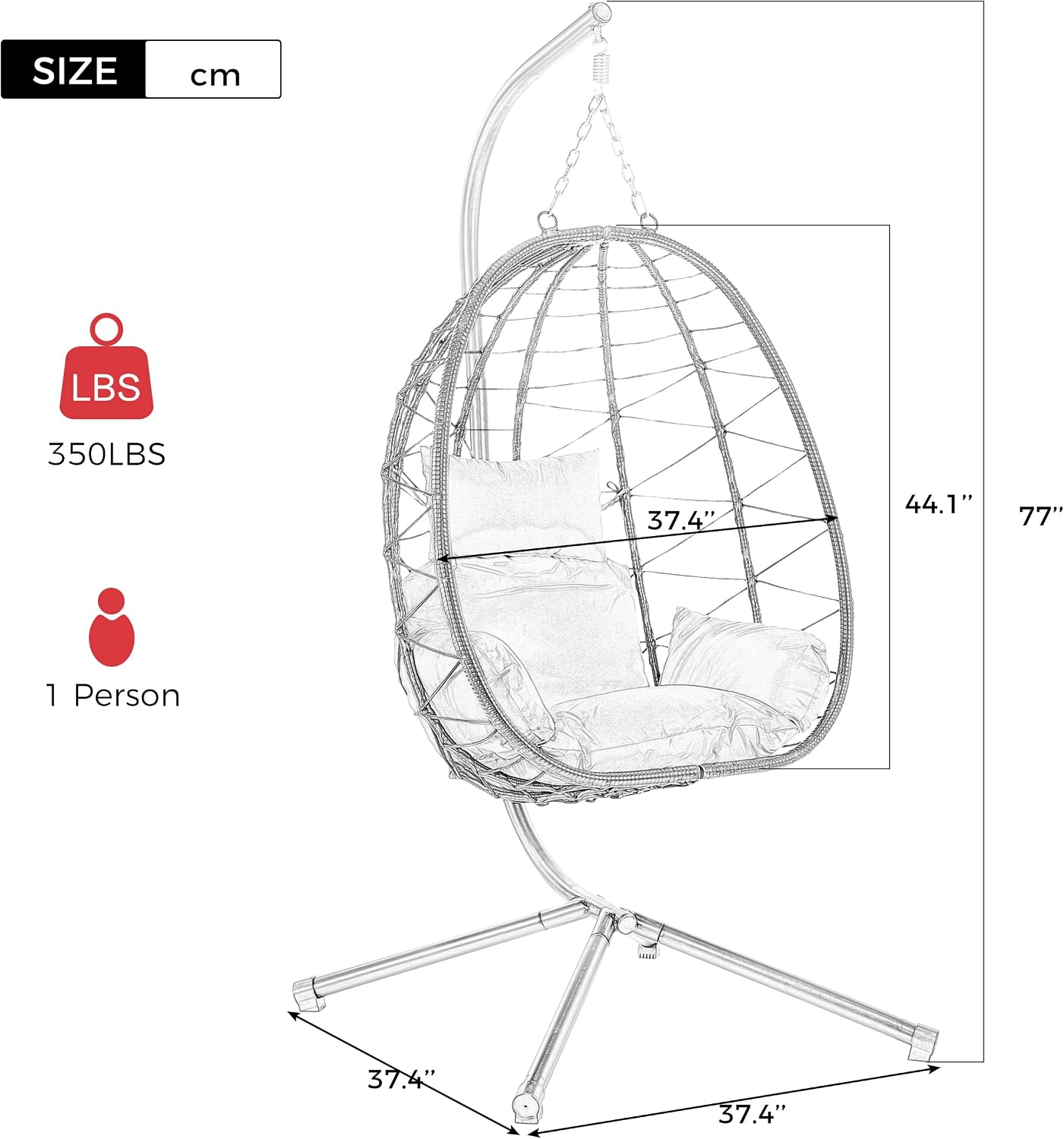 ZSQ Hanging Egg Chair with Stand, Indoor Outdoor Wicker Patio Swing Chair, All-Weather with Cushion (Red)