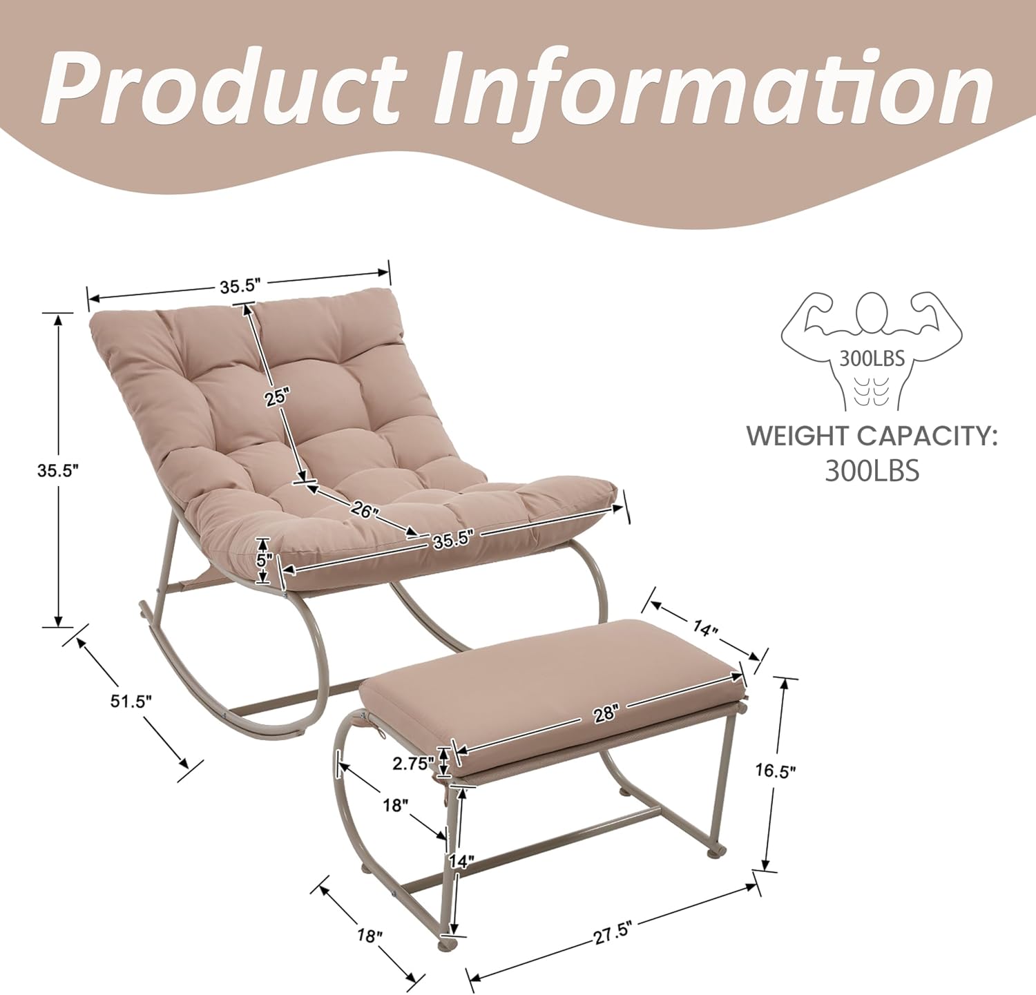 Oversized Double Papasan Rocking Chair Set of 2 with Ottoman, Egg Shaped Patio Lounge Chair with Thick Soft Cushion, Outdoor Relaxation Furniture for Porch, Backyard, Garden, Khaki