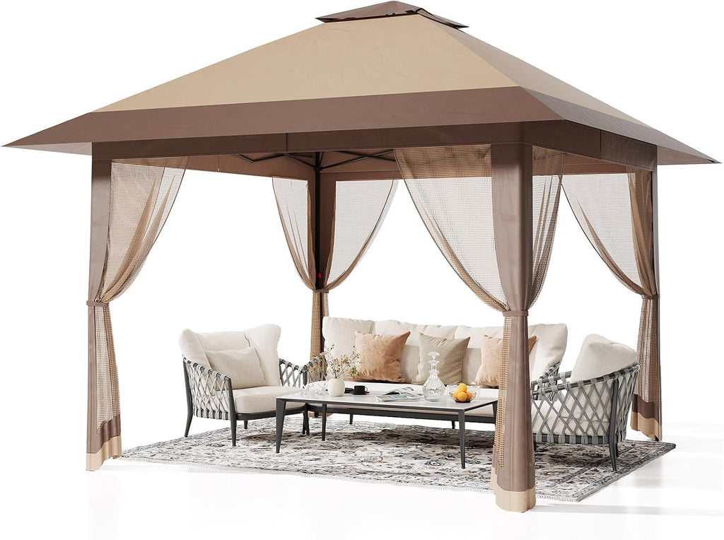 GarveeTech Pop Up Gazebo 13x13 ft Canopy Tent with Mosquito Netting, Outdoor Patio Gazebo with 3 Adjustable Heights, Tent Shelter Quick Setup Backyard Tent for Party,Wedding (Khaki)