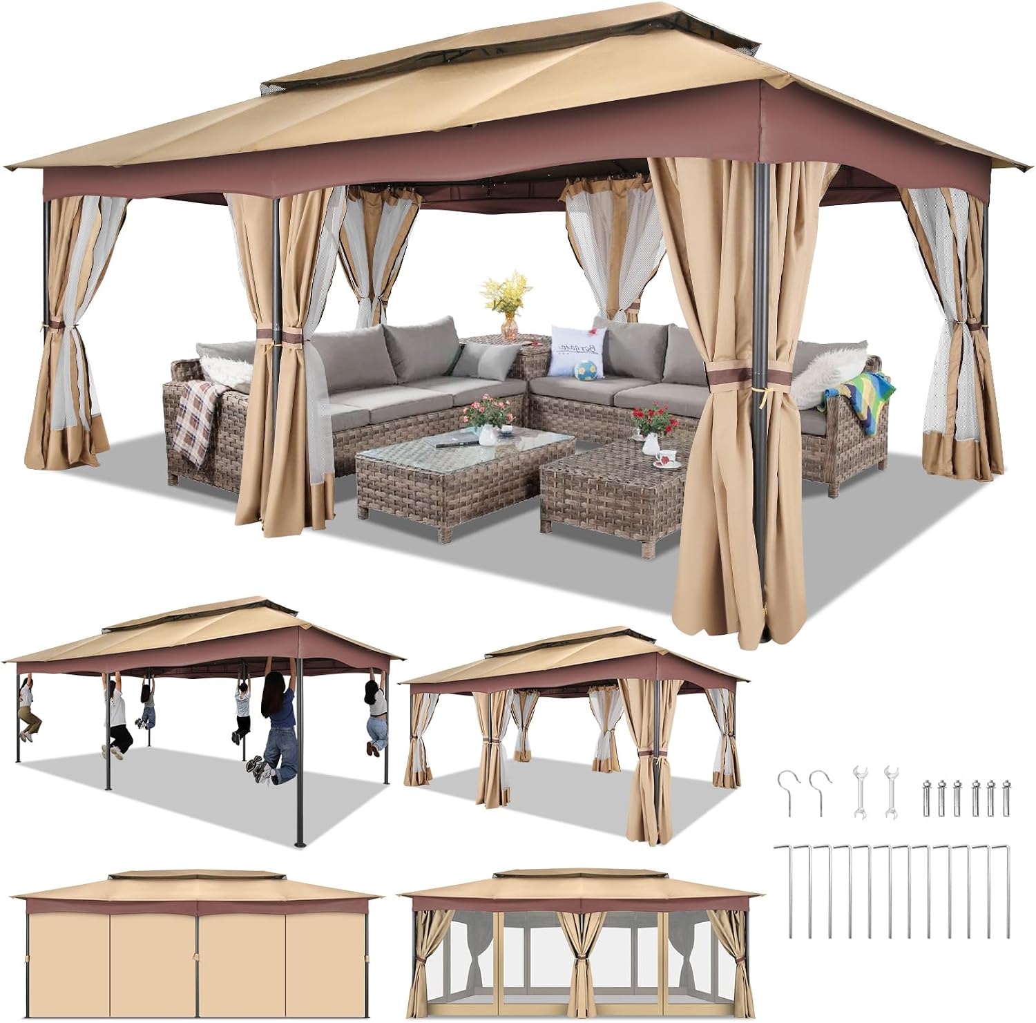 HOTEEL Gazebo 12x20, Outdoor Gazebo on Clearance with Double Ventilated Arc Roof, Privacy Curtains & Mosquito Netting, Easy Set up Canopy Tent with Stable Metal Frame for Patio, Khaki (Windproof)