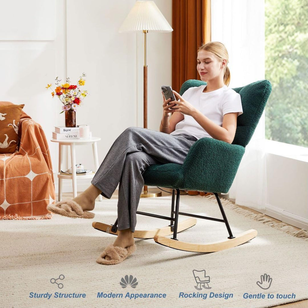 Nursery Rocking Chair, Boho Accent Ottoman, Teddy Upholstered Glider Rocker Accent Chair with High Backrest for Living Room, Small Spaces, Bedroom, Green
