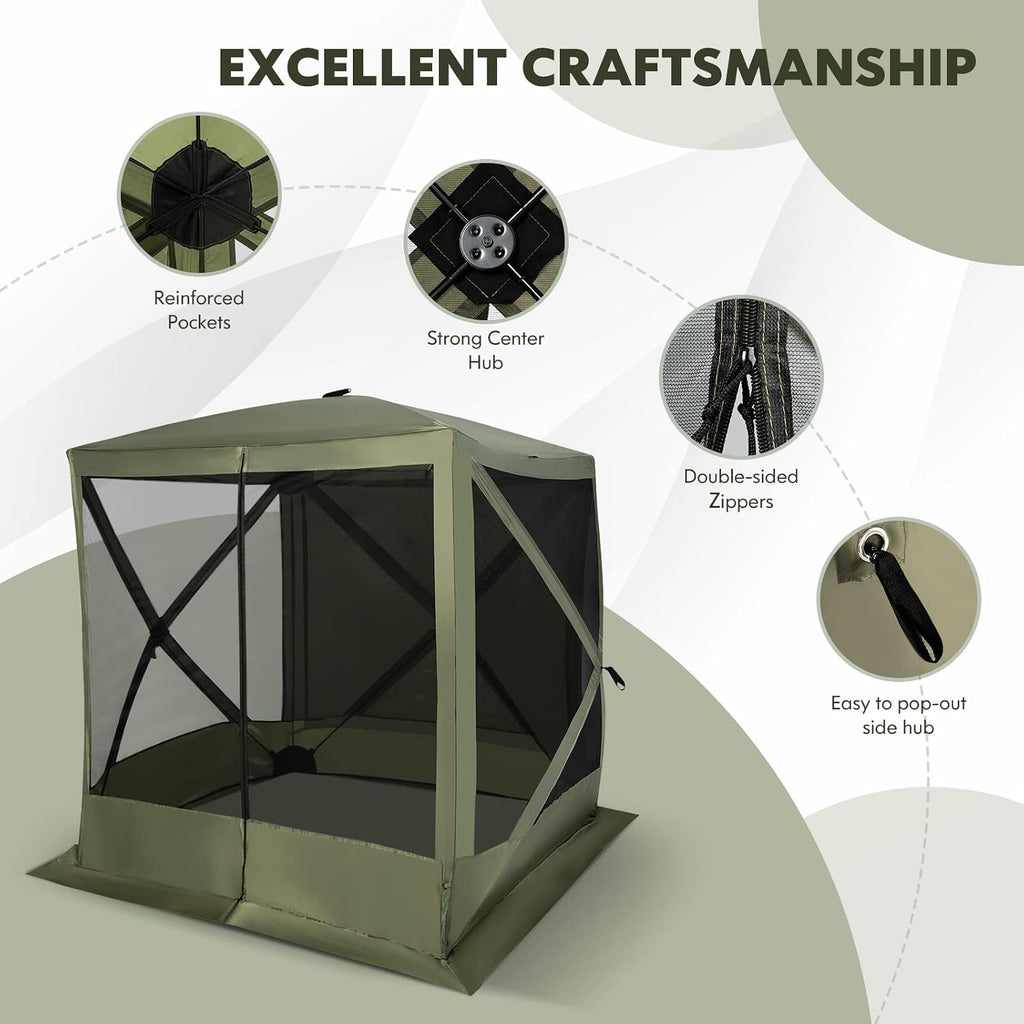 KOTEK 4 Sided Pop Up Gazebo, Outdoor Canopy Shelter with Mesh Walls, Portable Carry Bag, 2 Wind Cloth, 4 Person Screen Tent for Camping Traveling Hiking Patios Lawn Backyard, 6.7x6.7 ft (Green)