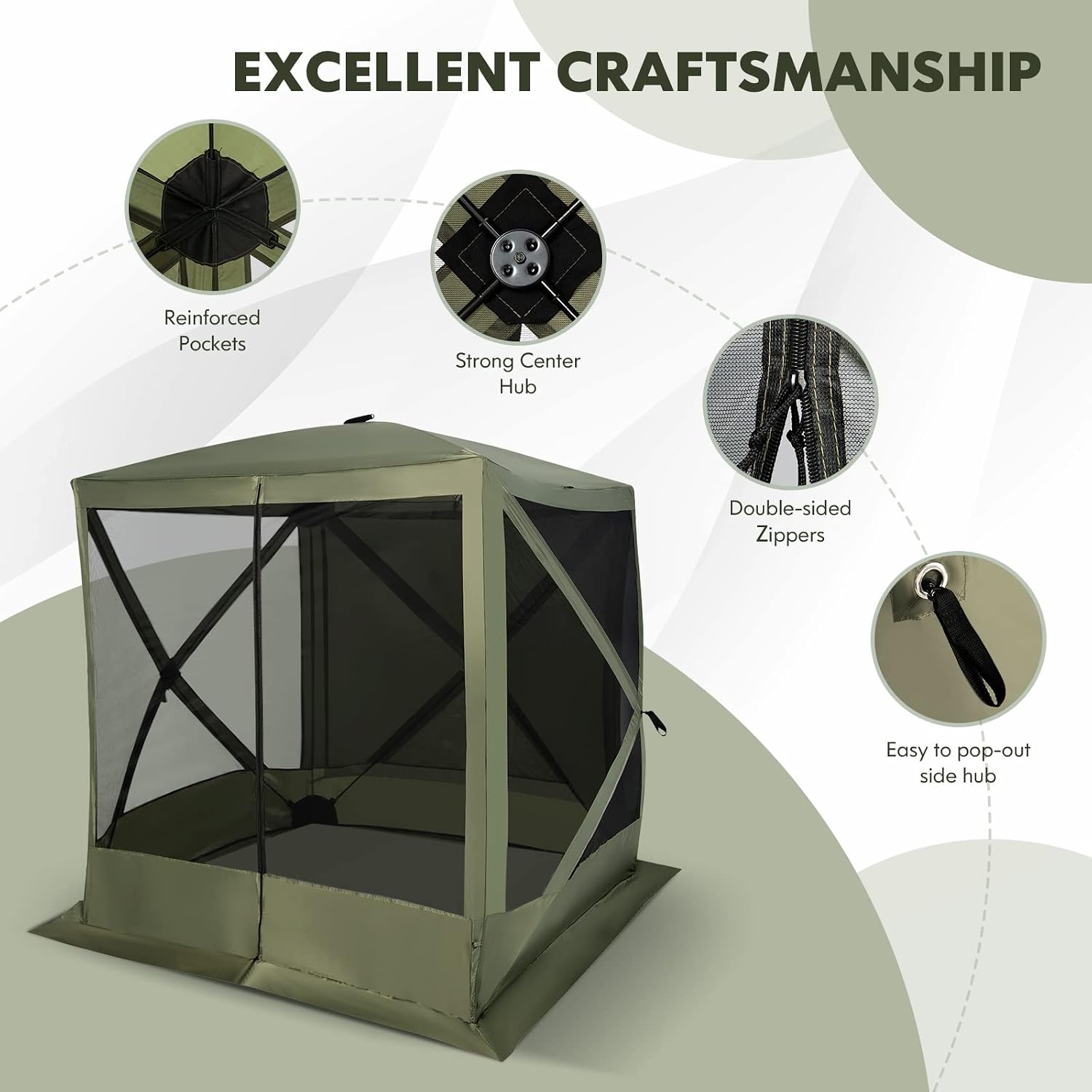KOTEK 4 Sided Pop Up Gazebo, Outdoor Canopy Shelter with Mesh Walls, Portable Carry Bag, 2 Wind Cloth, 4 Person Screen Tent for Camping Traveling Hiking Patios Lawn Backyard, 6.7x6.7 ft (Green)