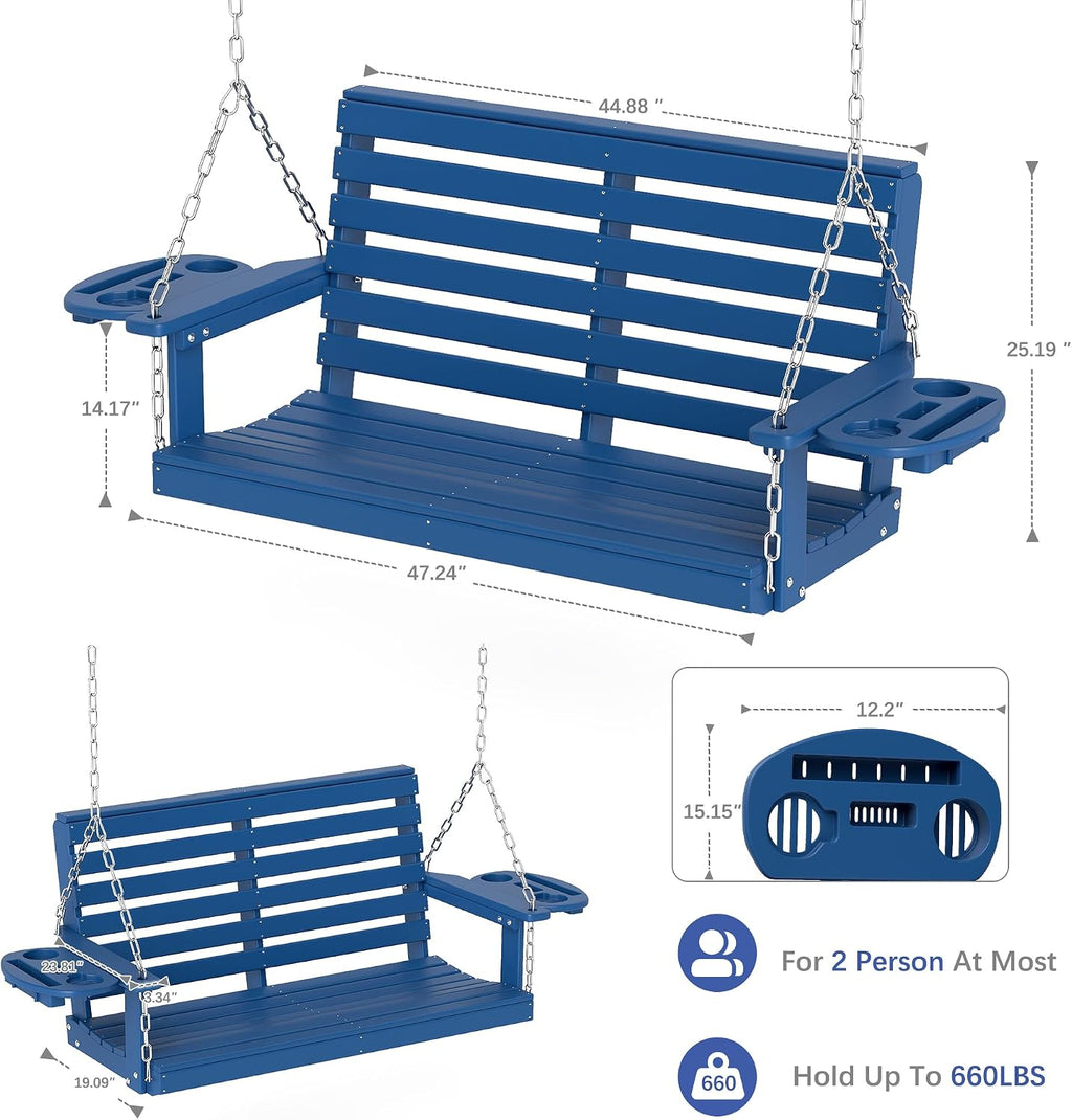 FOOWIN Porch Swing, 4 FT Patio Swing with Cup Holders, Adjustable Hanging Chains, HDPE Outdoor Swing for Patio, Porch, Garden, Yard, Heavy Duty 660 LBS Weight Capacity Navy Blue