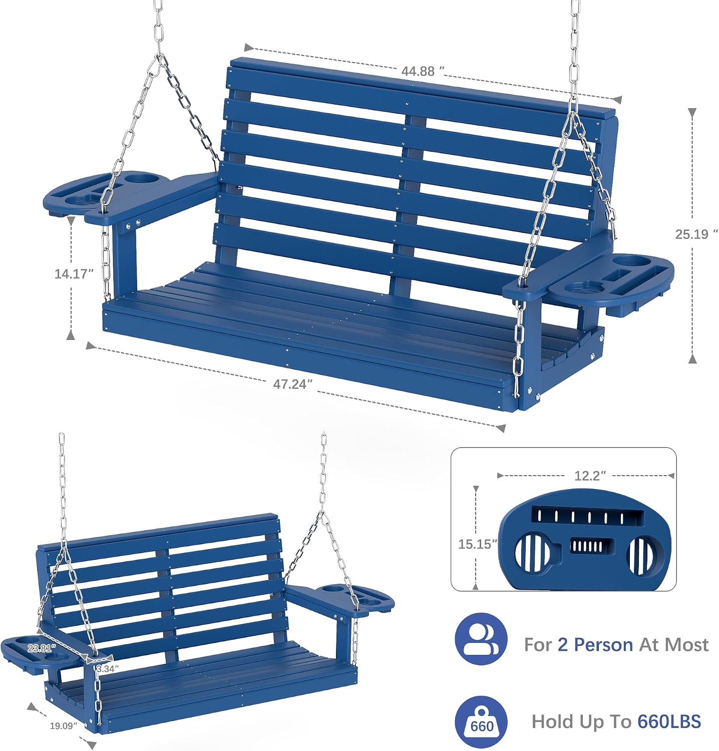 FOOWIN Porch Swing, 4 FT Patio Swing with Cup Holders, Adjustable Hanging Chains, HDPE Outdoor Swing for Patio, Porch, Garden, Yard, Heavy Duty 660 LBS Weight Capacity Navy Blue