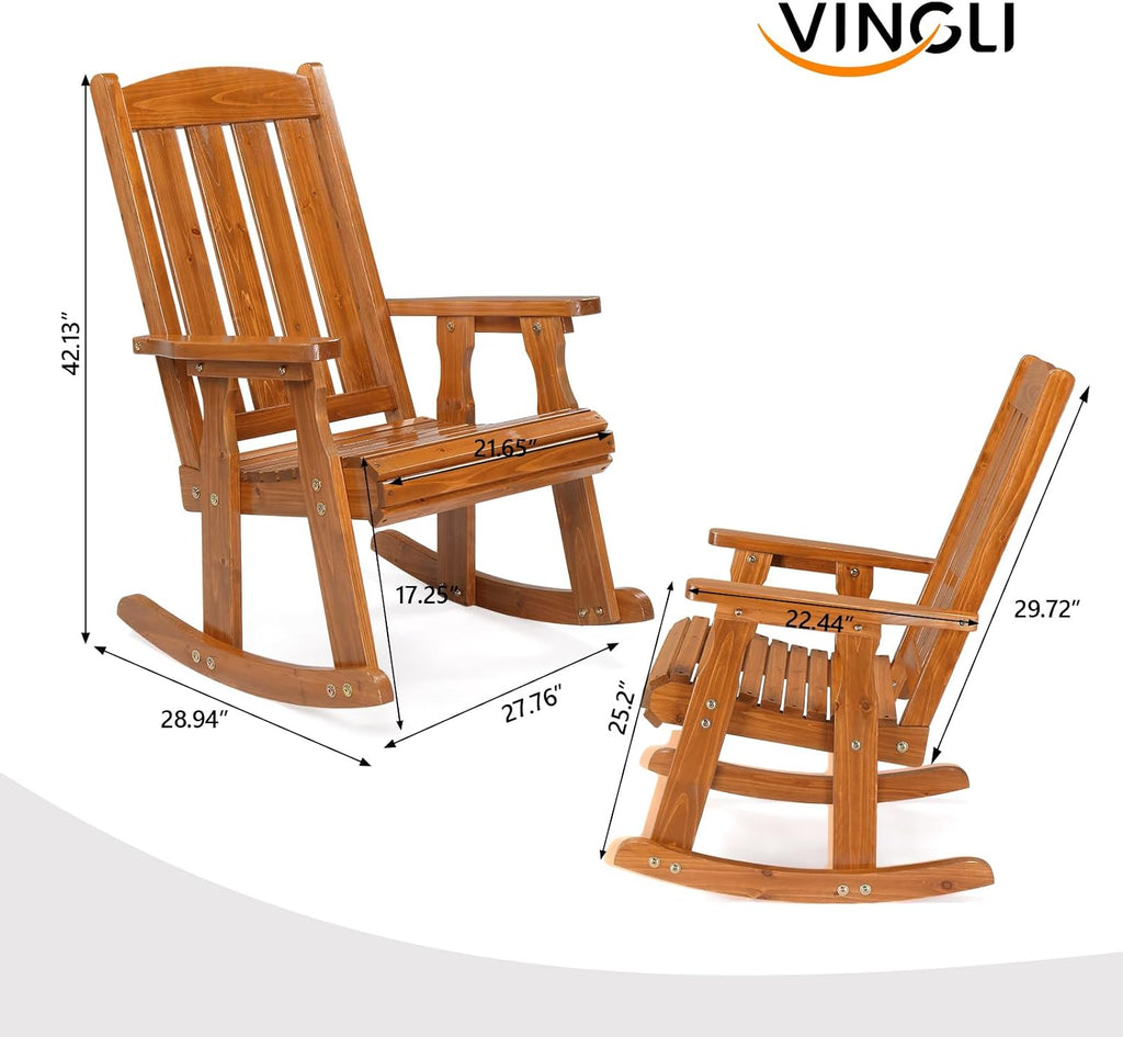 VINGLI Outdoor Rocking Chair Set of 2, Heavy Duty 600 LBS Wooden Rocking Chair with Comfortable Backrest, Weatherproof Rocker with Ergonomic Design, Suit for Patio, Garden, Yard, Teak