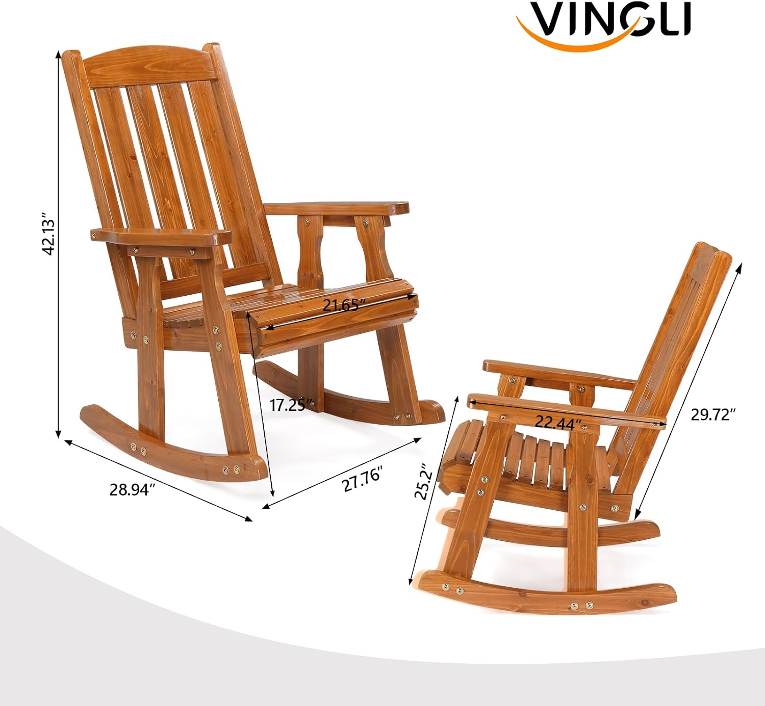 VINGLI Outdoor Rocking Chair Set of 2, Heavy Duty 600 LBS Wooden Rocking Chair with Comfortable Backrest, Weatherproof Rocker with Ergonomic Design, Suit for Patio, Garden, Yard, Teak