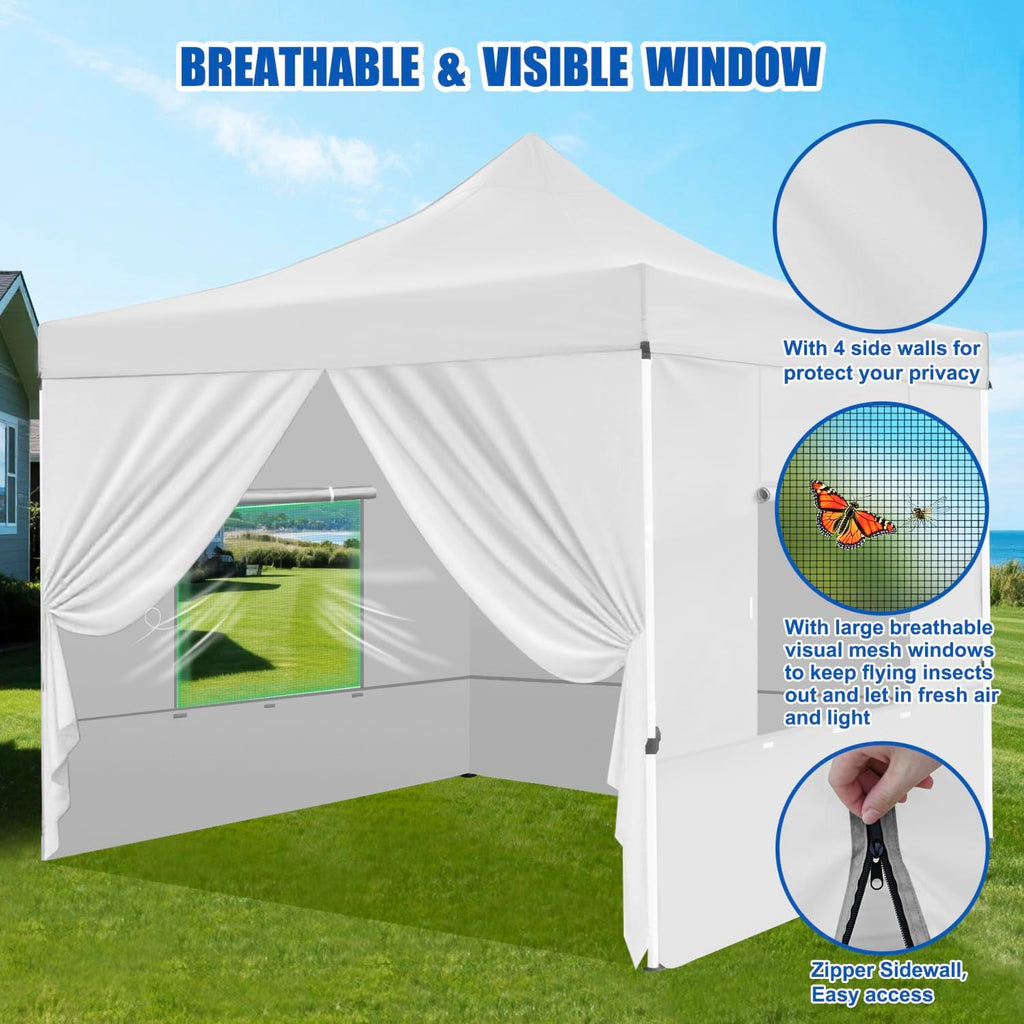 Yesker 10x10 Pop Up Canopy Tent with 4 Sidewalls Portable Folding Outdoor Canopy Easy Setup Gazebo Waterproof Instant Popup Shelter Tent w Wheel Carry Bag sandbags for Events Parties Camping, White