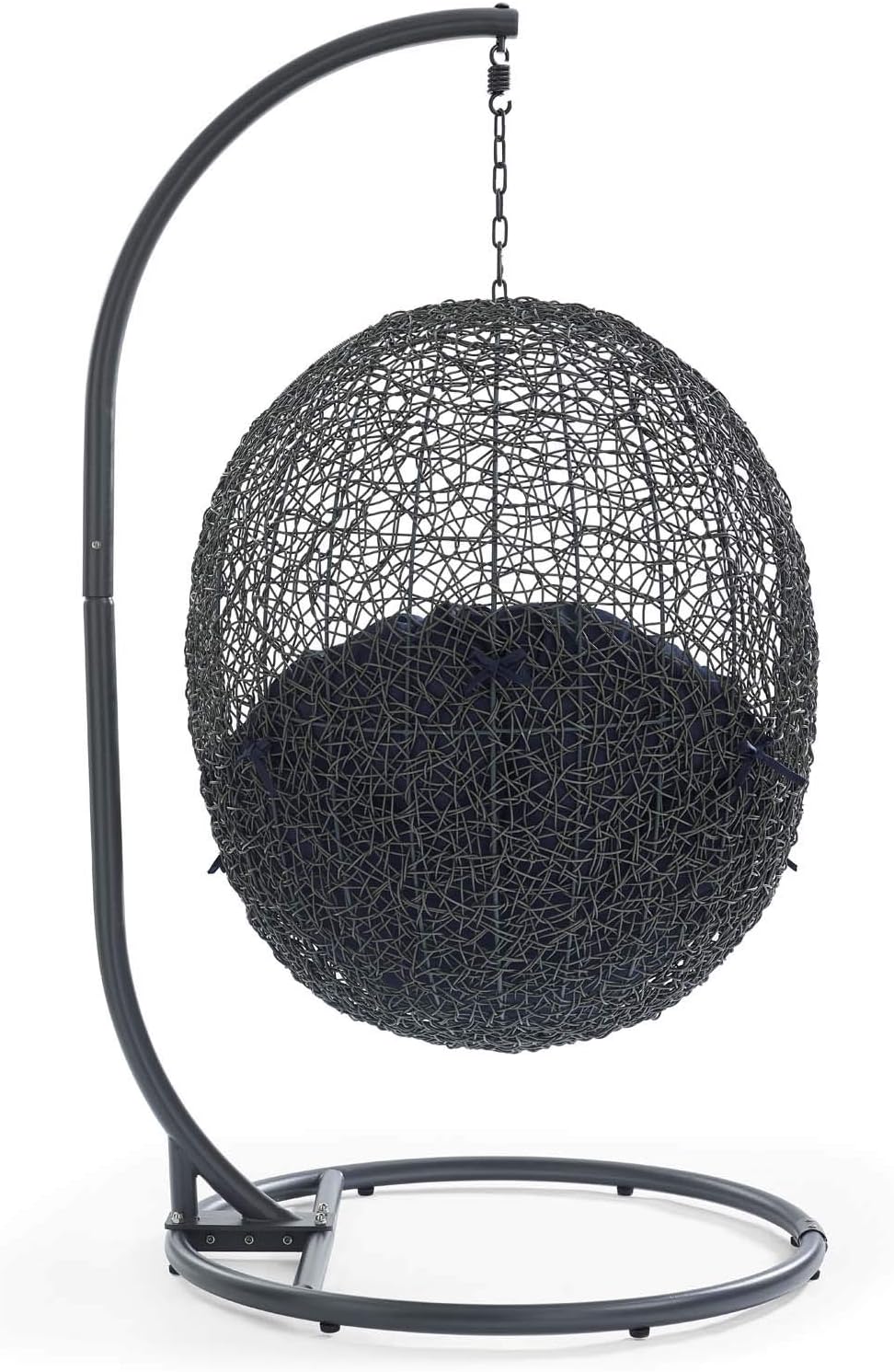 Modway Hide Wicker Rattan Outdoor Patio Porch Lounge Egg Swing Chair Set with Stand in Gray Navy