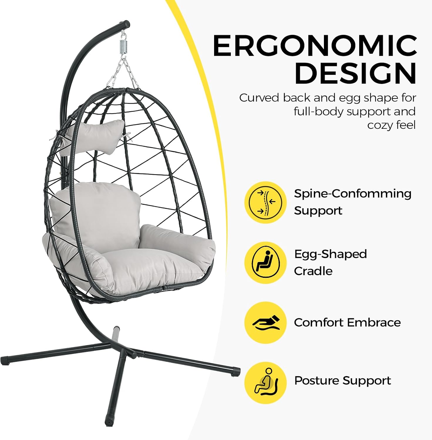 Egg Chair with Stand, Wicker Hanging Chair for Outdoor Patio, Cushioned Hammock Swing for Bedroom Garden Indoor/Outdoor, Double-Zipper Structure Hanging Egg Chair (Black Frame and Light Gray)