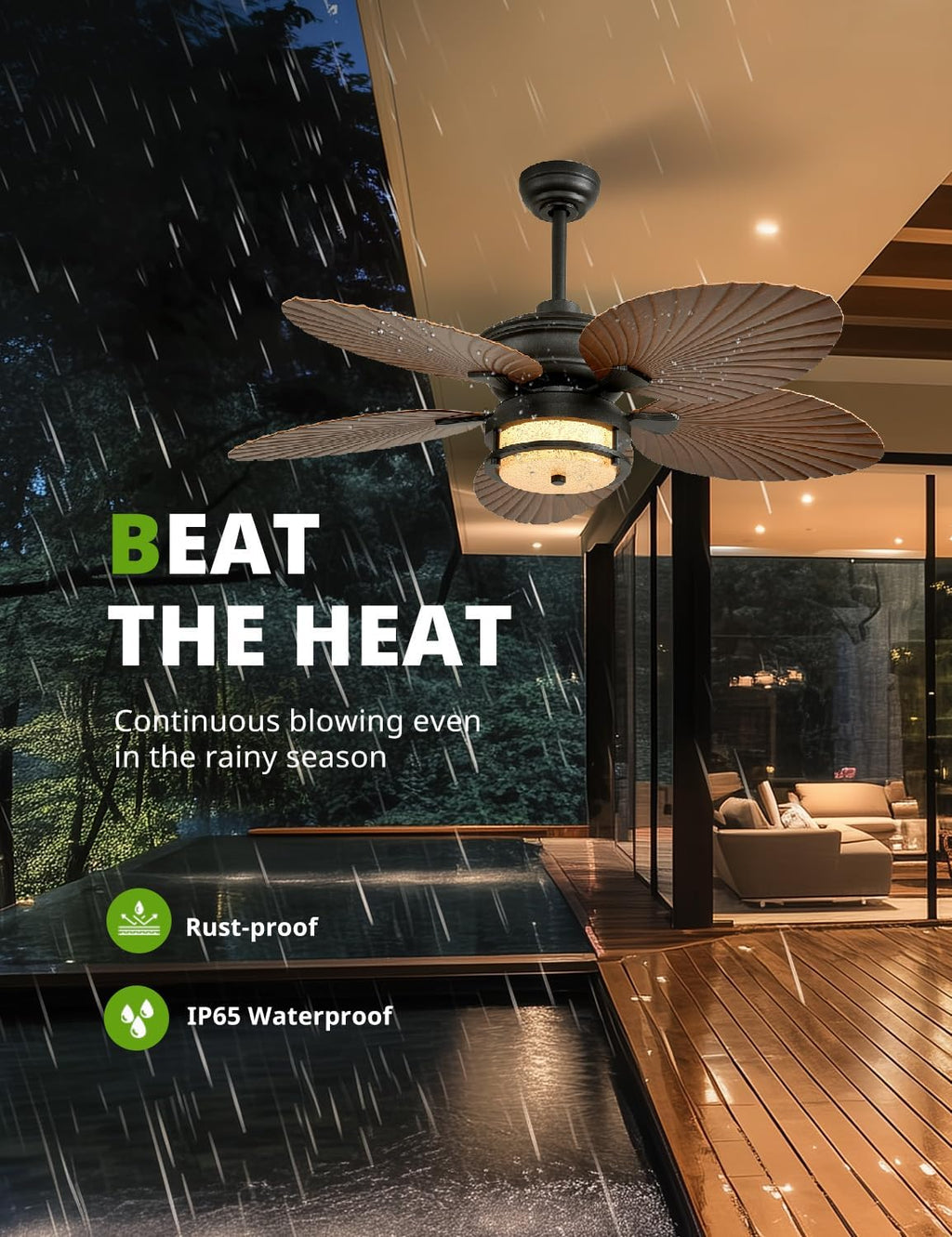Orison 52'' Outdoor Ceiling Fan with Lights, Tropical Palm Leaf Fan, Wet Rated for Patio, Porch & Gazebo, Dimmable LED, 6-Speed, Remote & App Control, Plug-in/Flush Mount, Bronze