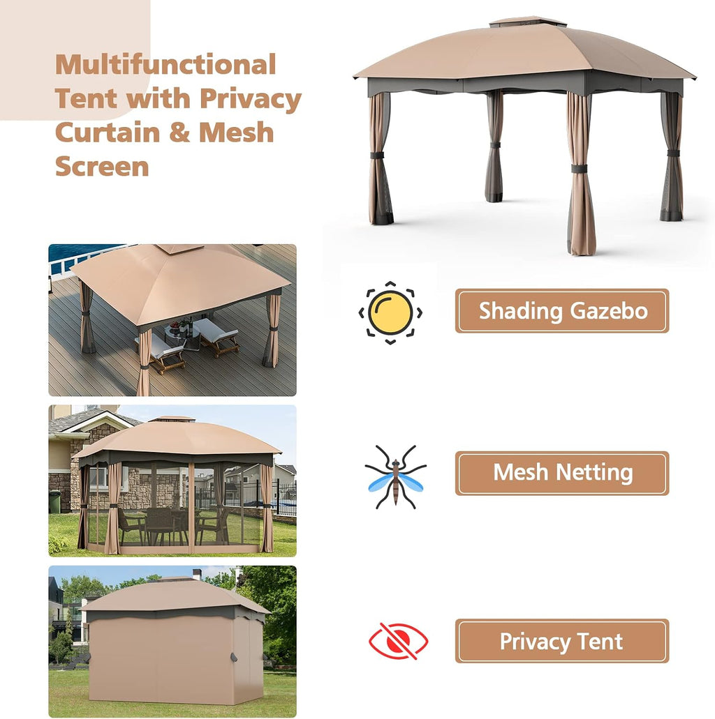 Tangkula 10x12 Ft Patio Gazebo, Double Vented Gazebo with Zippered Privacy Curtains, Mesh Screen Netting, Outdoor Steel Gazebo for Deck, Garden, Yard, Poolside (Brown)