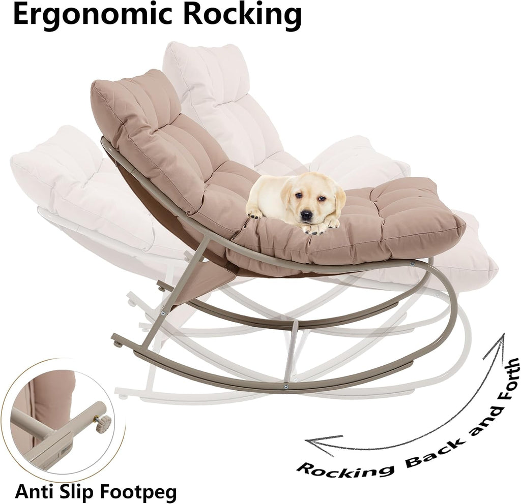 Outdoor Rocking Chairs Set of 2, Modern Papasan Rocking Chairs with Cushions, Upholstered Patio Rocking Chairs with Foot Rest, Cozy Metal Outdoor Lounge Rockers Recliner for Indoor, Khaki