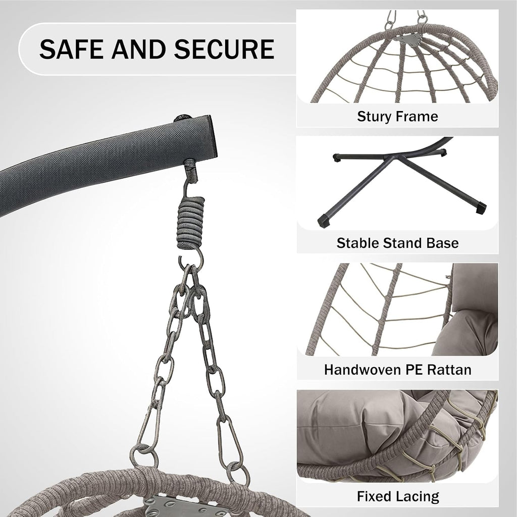 Foldable Egg Chair Outdoor with Stand, Indoor Wicker Hanging Egg Swing Chair with Cushion, 350lbs Capacity for Patio, Bedroom, Garden - Light Gray