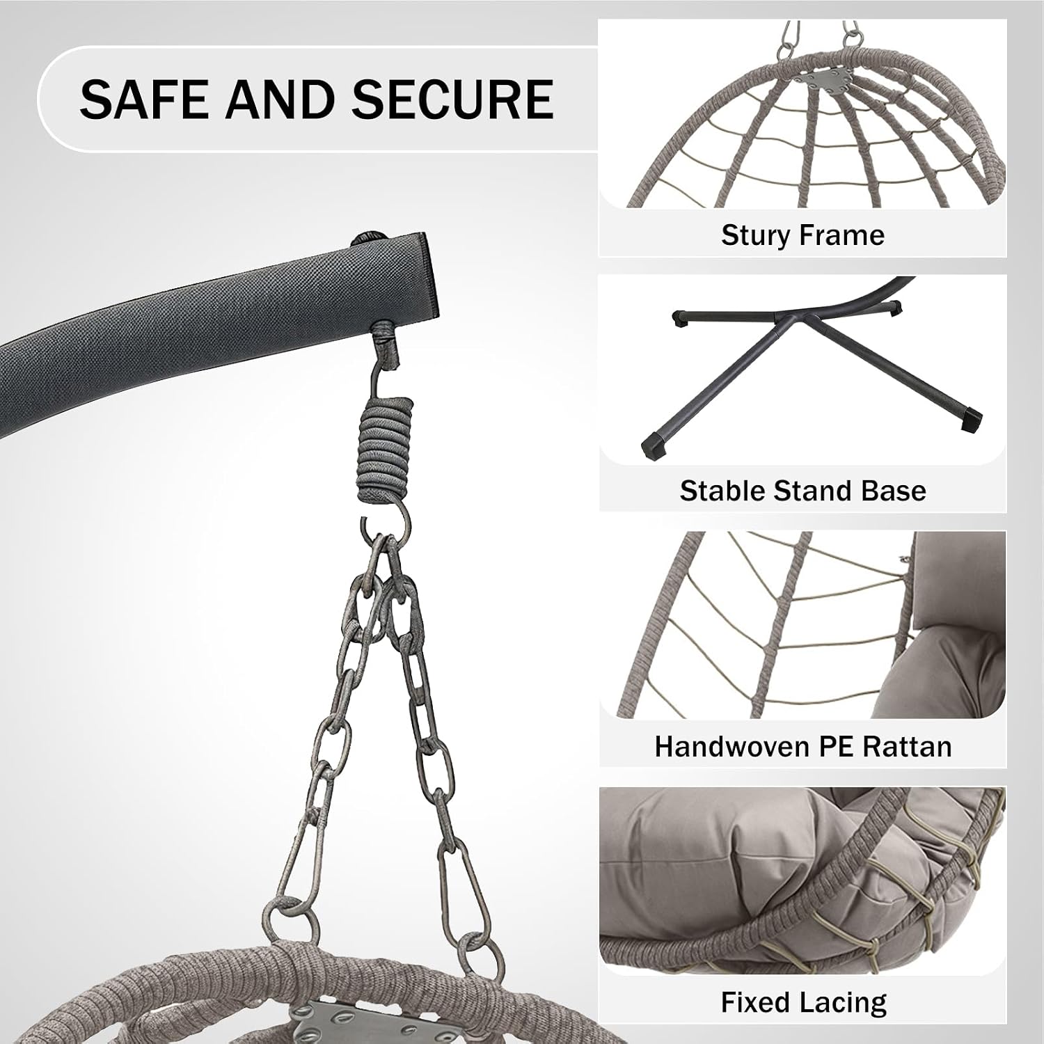 Foldable Egg Chair Outdoor with Stand, Indoor Wicker Hanging Egg Swing Chair with Cushion, 350lbs Capacity for Patio, Bedroom, Garden - Light Gray