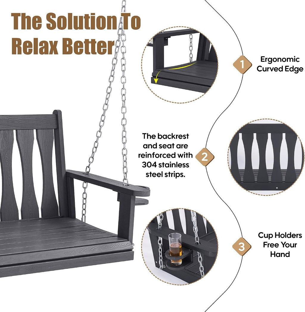 HIPS All-Weather Outdoor Hanging Porch Swing,2 Seat Hanging Swing Bench with Cup Holders,Patio Swing Chair with Hanging Chains for Courtyard & Garden
