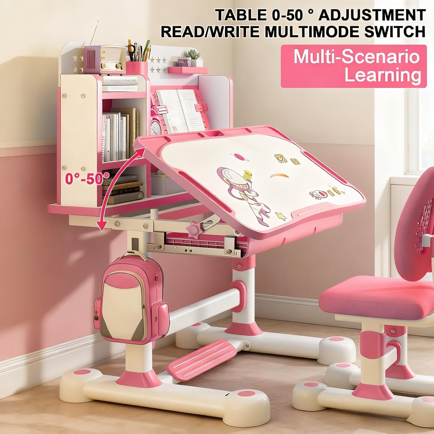 Kids Desk and Chair Set, Ergonomic Height Adjustable Kids Desk with Cartoon Pattern, Widened and Tilt Desktop, Book Stand, Steel Hook and Storage Drawer for Boys & Girls 3+ (Pink 1)