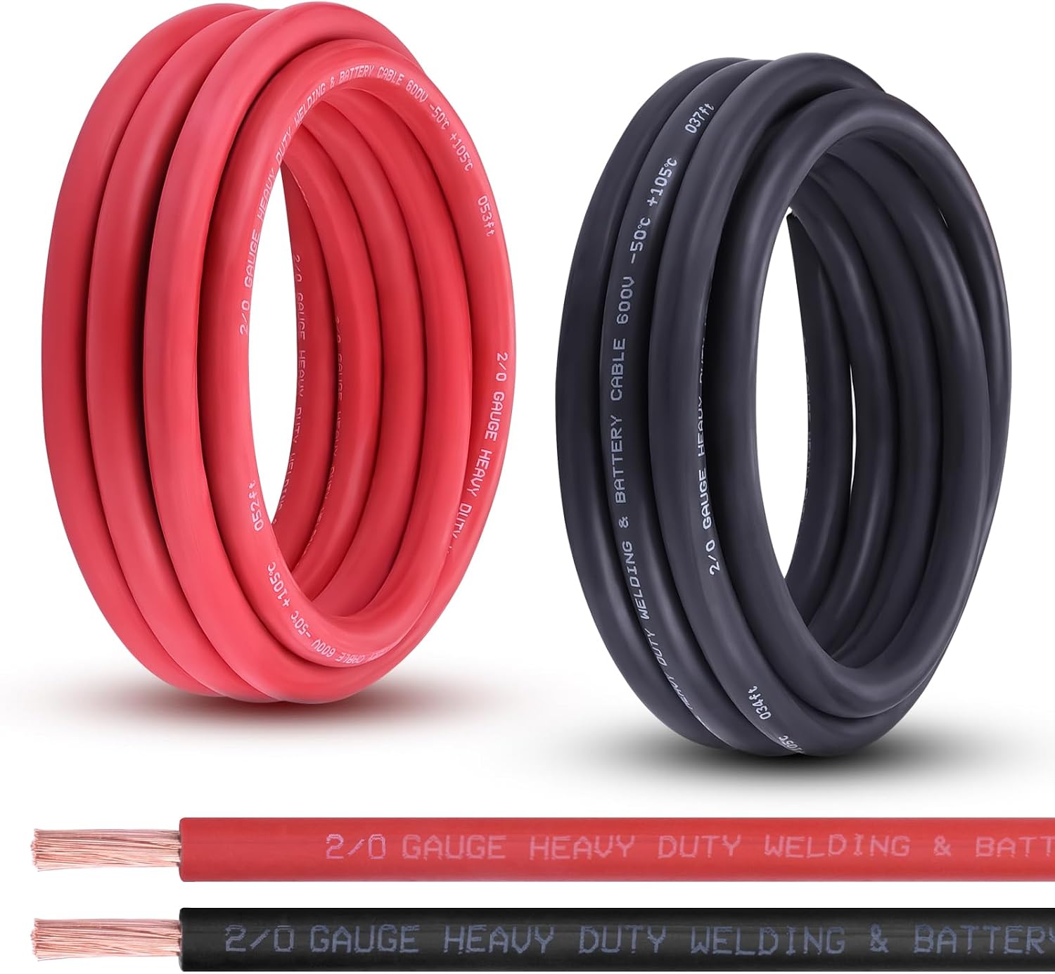 2/0 Gauge Battery Cable, 15FT Red + 15FT Black 2/0 AWG Pure Copper Wire Welding Cable, for Automotive, Battery, Solar and Generator, Standard USA OFC Wire