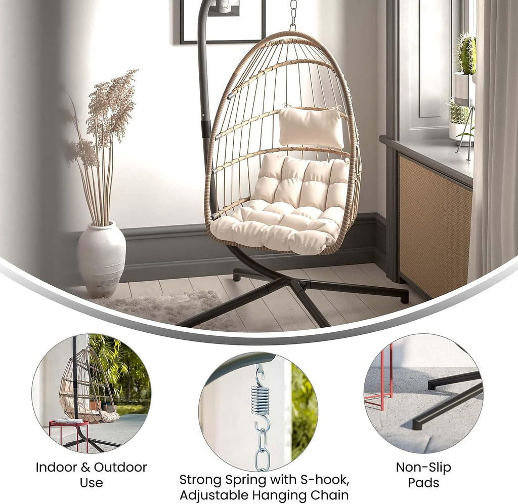 Flash Furniture Cleo Indoor/Outdoor Patio Hanging Egg Chair - Natural Frame with Cream Seat Cushions - Black Powder Coated C-Style Stand - Hanging Hardware Included