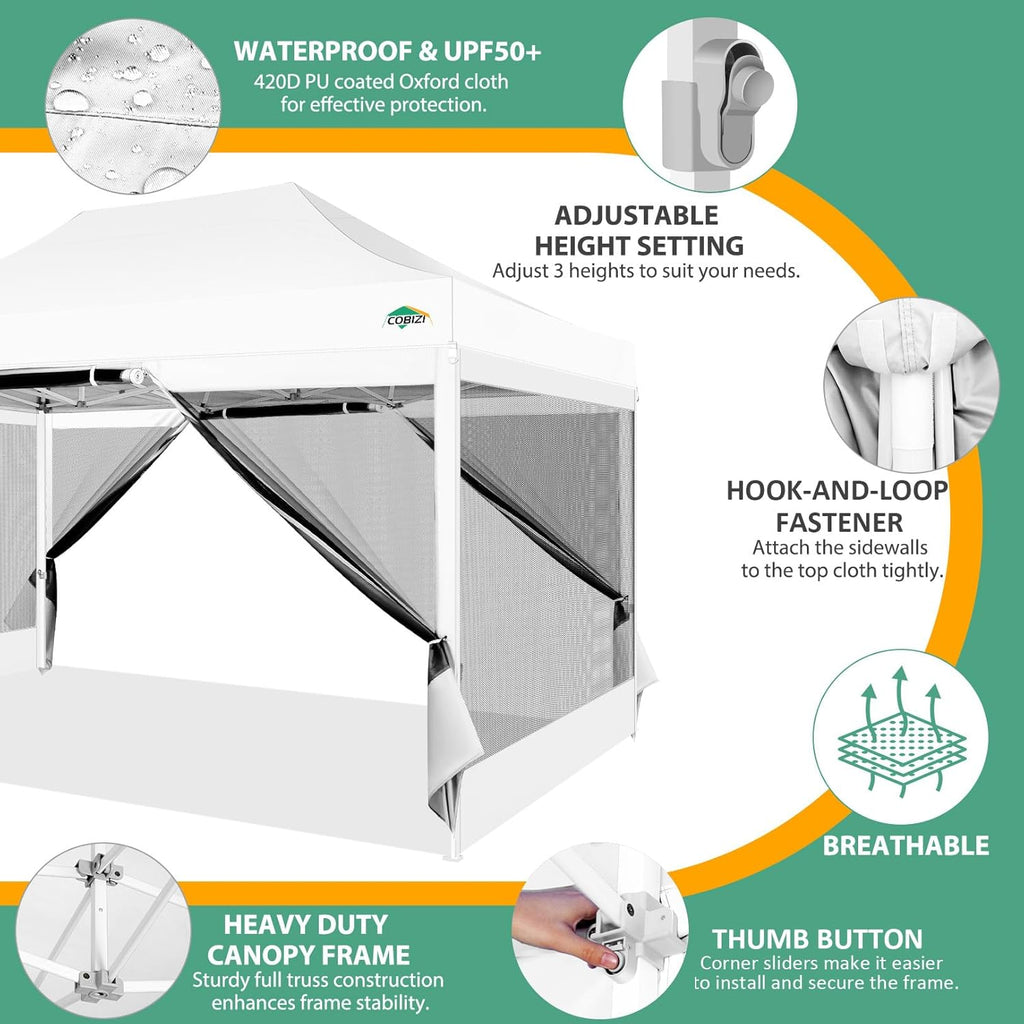 COBIZI 10x15 Canopy Tent with 4 Sidewalls,Heavy Duty Pop up Canopy with Mosquito Netting,Easy up Screen Canopy for Parties Wedding Patio Tent with Handbag,White
