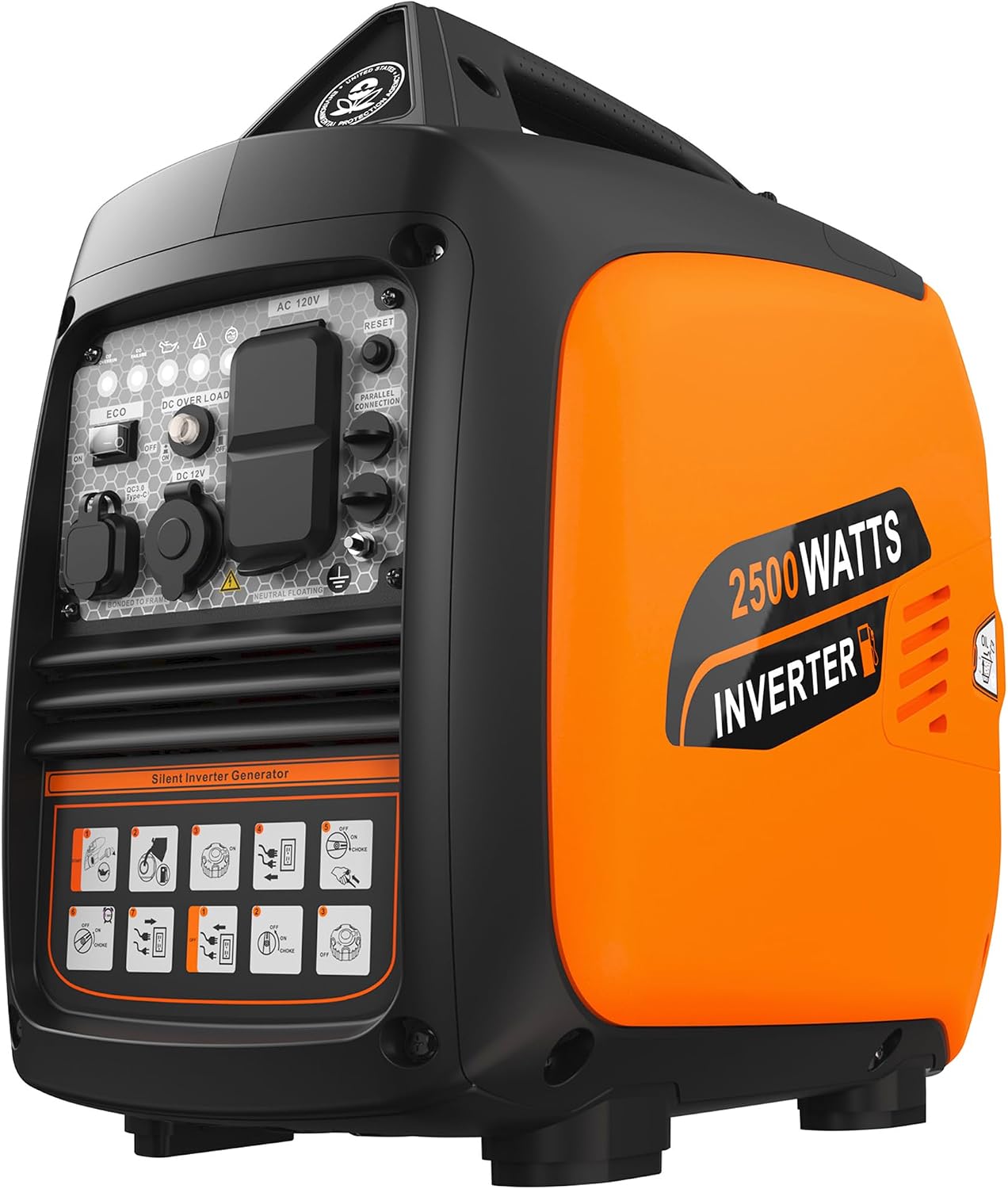 2500W Portable Inverter Generator, Super Quiet Long Runtime Gas Generator for Home Use, with CO Sensor, Parallel Capable, for Camping, RV, Tailgating, Emergency Backup, EPA Compliant (Orange)