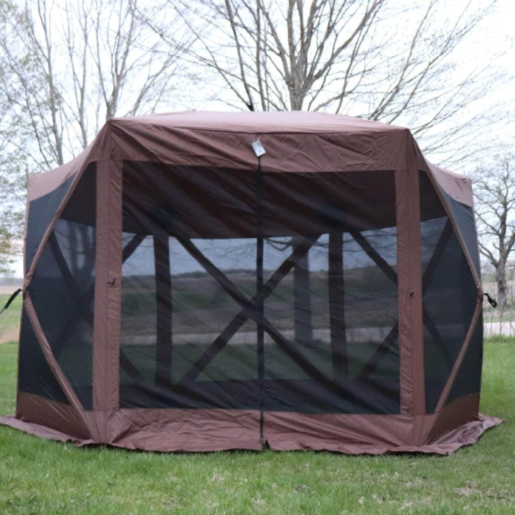 Backyard Expressions 12' x 12' Pop Up 6 Sided Portable Hub Gazebo Screen Canopy Tent with Ground Stakes & Carry Bag