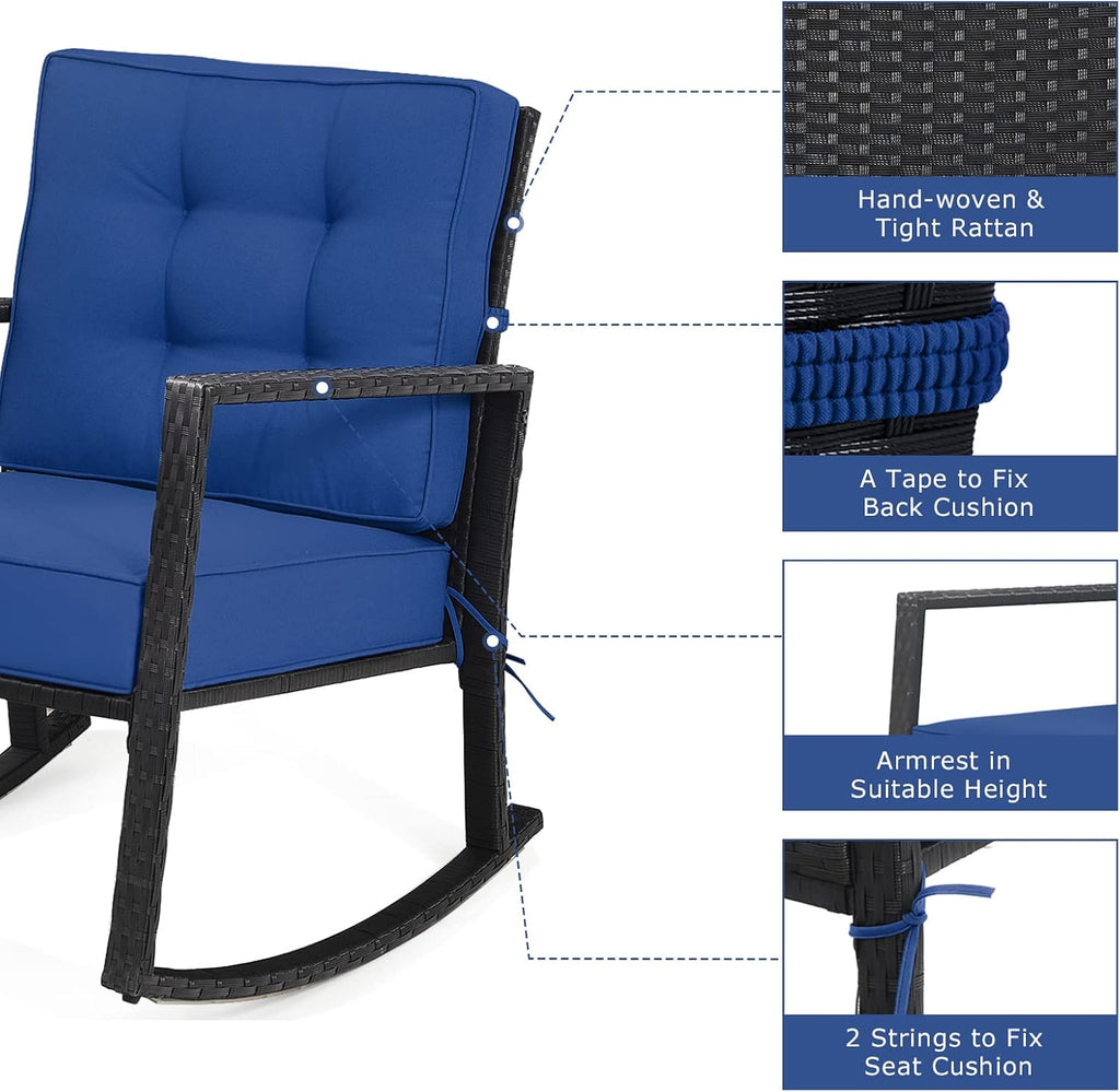 Tangkula Wicker Rocking Chair, Outdoor Glider Rattan Rocker Chair with Heavy-Duty Steel Frame, Patio Wicker Furniture Seat with 5' Thick Cushion for Garden, Porch, Backyard, Poolside (1, Blue)