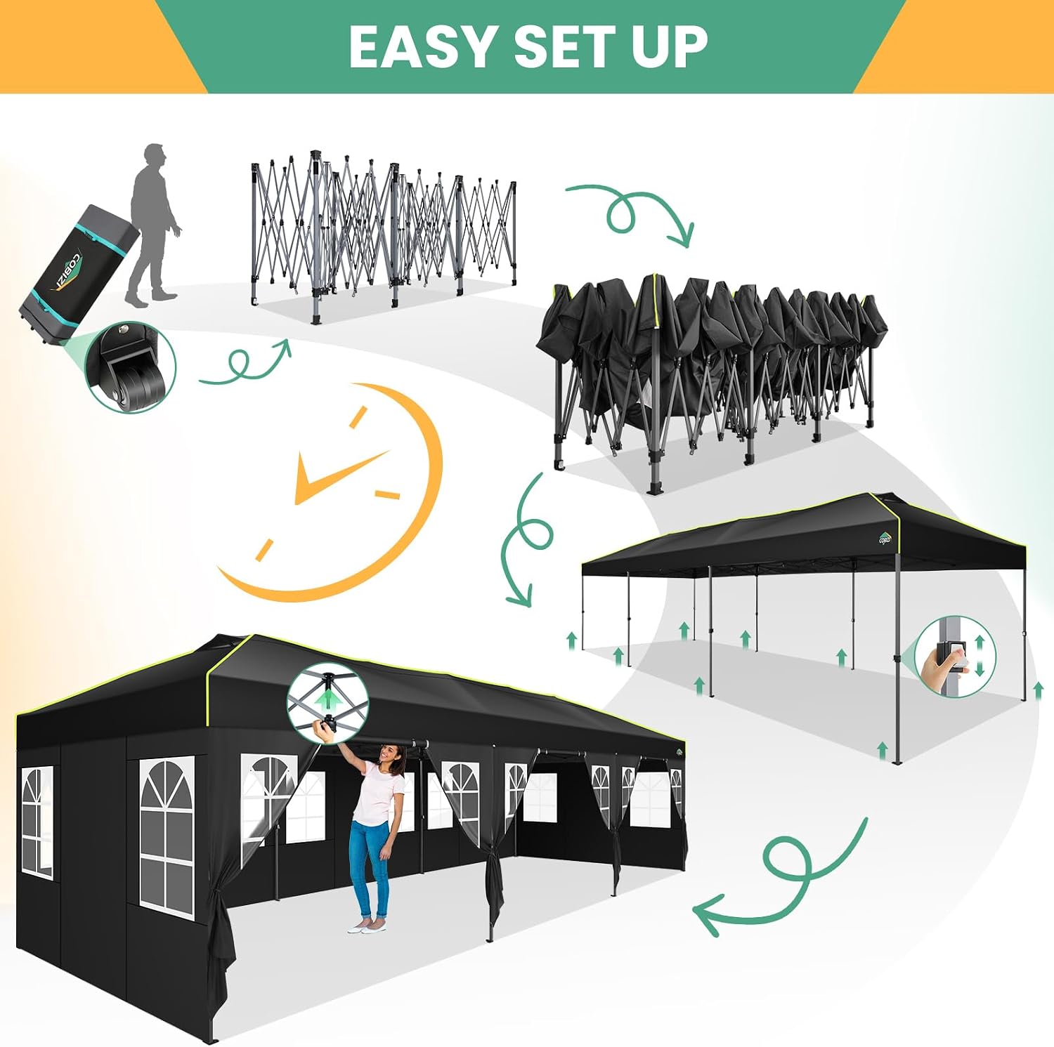 COBIZI 10x30 Pop Up Canopy Tent, Wedding Party Tent with 8 Sidewall One Push Setup Glow, 3 Adjustable Height Air Vent Waterproof UPF50+, Wheeled Bag, Sandbag, Stake, Rope for Commercial, Outdoor