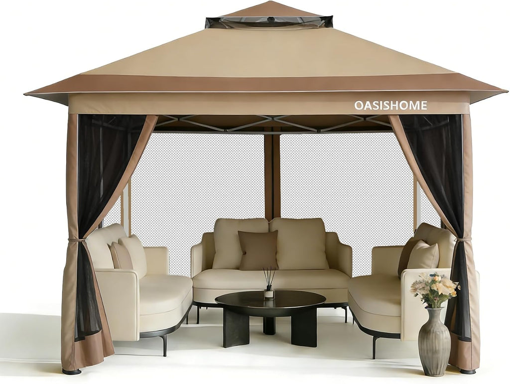 OASISHOME Pop-up Gazebo Portable Instant Canopy Tent 12x12, One-Push Locking System, with 4 Mesh Sidewall, Wheeled Bag, for Patio/Backyard/Outdoor/Parties/Events (Khaki,12FTx12FT)
