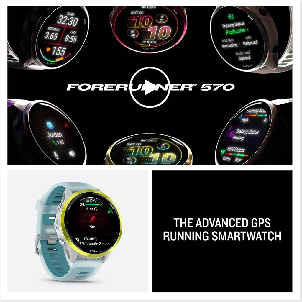 Garmin Forerunner 570 (47 mm, Amp Yellow/Translucent Whitestone/Turquoise) Running GPS Smartwatch - AMOLED Display, Training - Gift Box Bundle w/PlayBetter HD Screen Protectors, Wall Adapter & Case