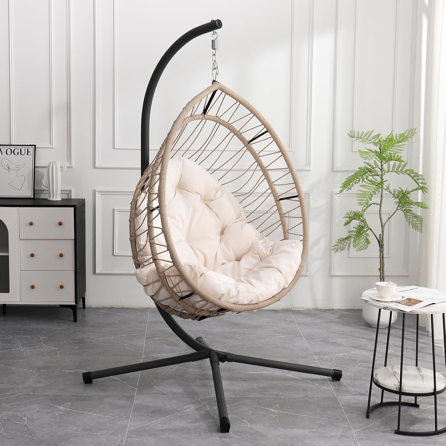 Hanging Egg Chair with Stand, Foldable Swing Hammock Chair, All-Weather Core-Spun Polyester Rope, Yarn-Dyed Cushion, 350LBS, Indoor Outdoor Patio Balcony (White Cushion)
