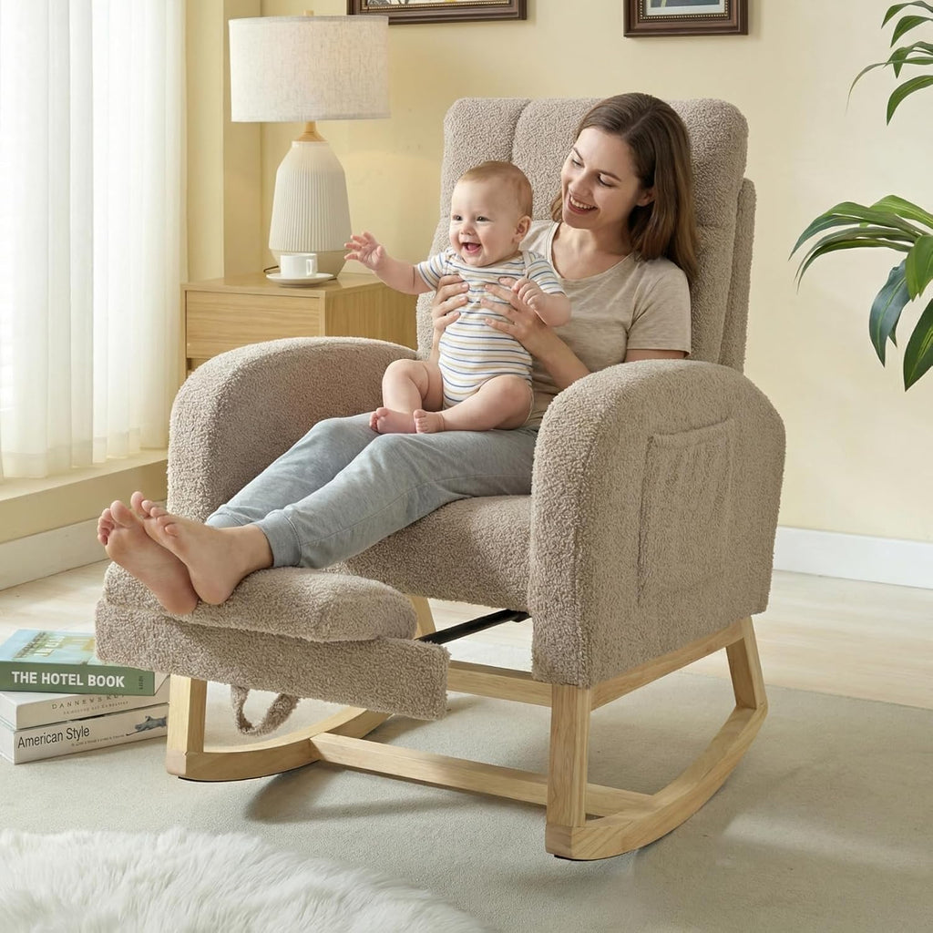 NIOIIKIT Modern Nursery Rocking Chair, Teddy Upholstered Rocking Chair with Footrest, Comfortable Rocker Chair with Side Pocket, Rocker Chair for Living Room, Bedroom, Nursing Room (Brown)