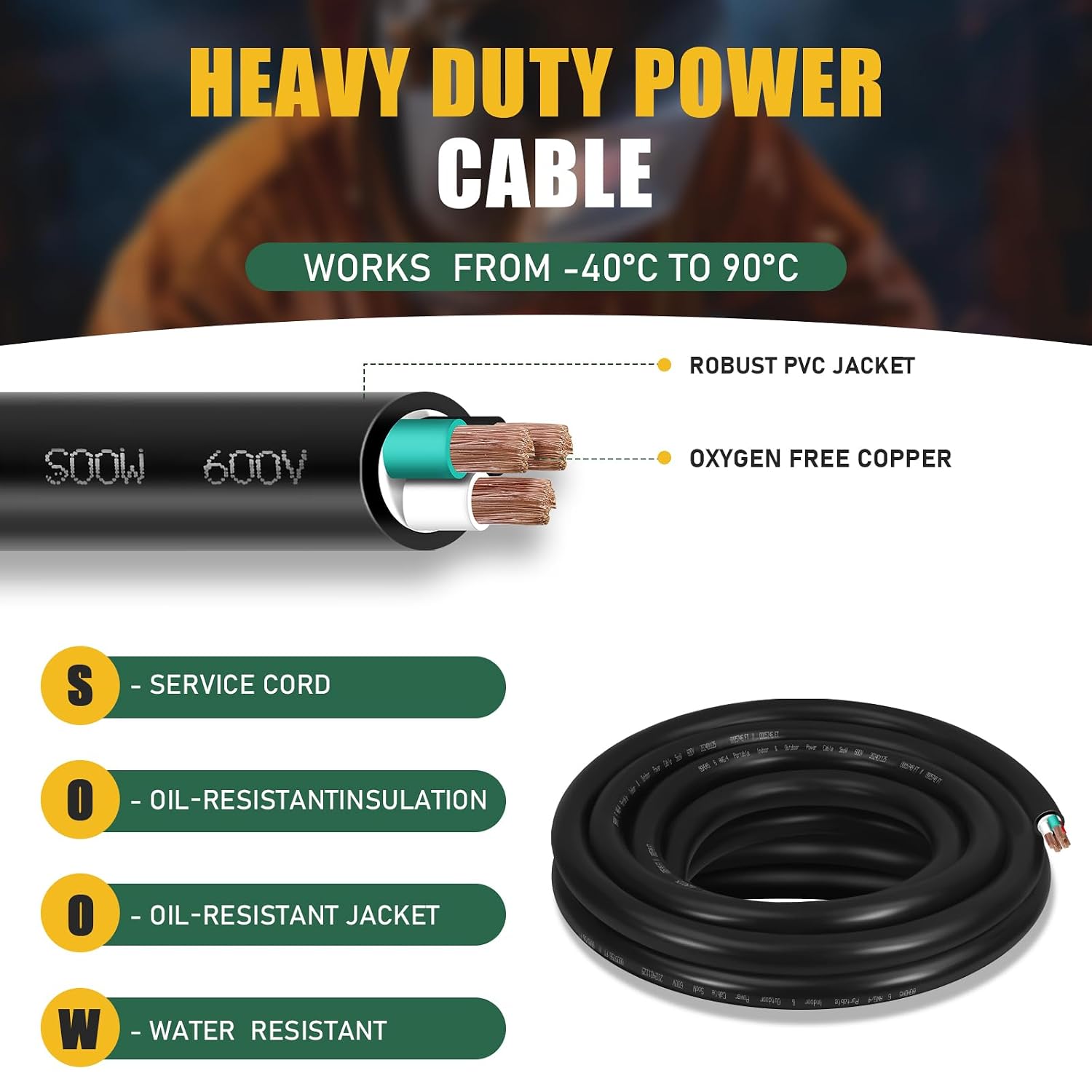 6ft 6/4 6 AWG Portable SOOW Cable (4 Conductor) - SOOW 600V 6 Gauge Electric Wire for Motor Lead, Welder, Generator, Portable Lights, RV/EV Car Chargers and Machinery - 6 Feet Electrical So Cord