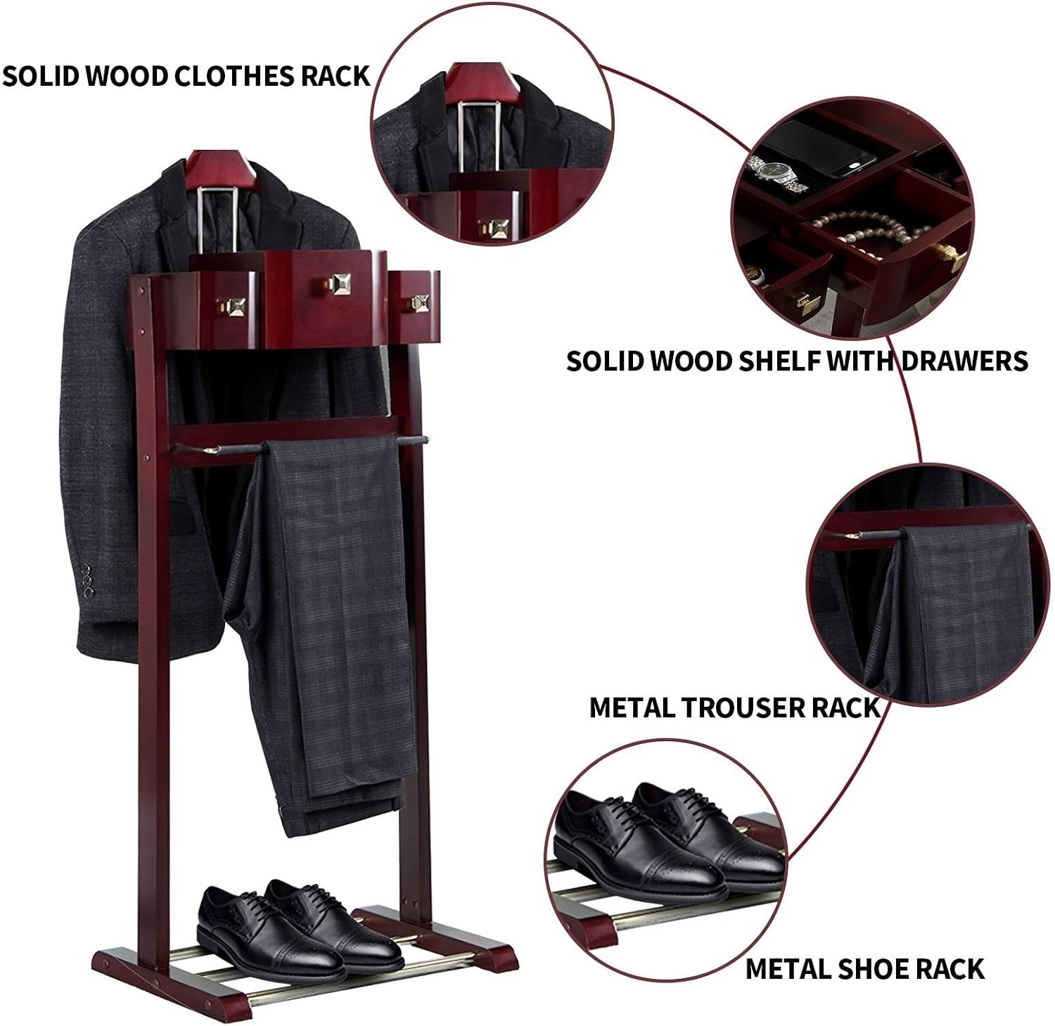Wood Men Suit Valet Stand, with Belt Hooks Shoe Rack Multi-functional Coat Rack with Drawer Base Standing Clothes Organizer Rack for Entryway, Bedroom, Office for Women And Men
