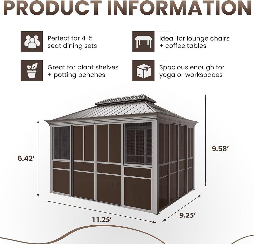 EROMMY 10x12 Sunroom Gazebo, Fully Enclosed Outdoor Sunroom with Lockable Sliding Doors, Galvanized Steel Double Roof Hardtop Gazebo, Aluminum Frame Patio Solarium for Backyard