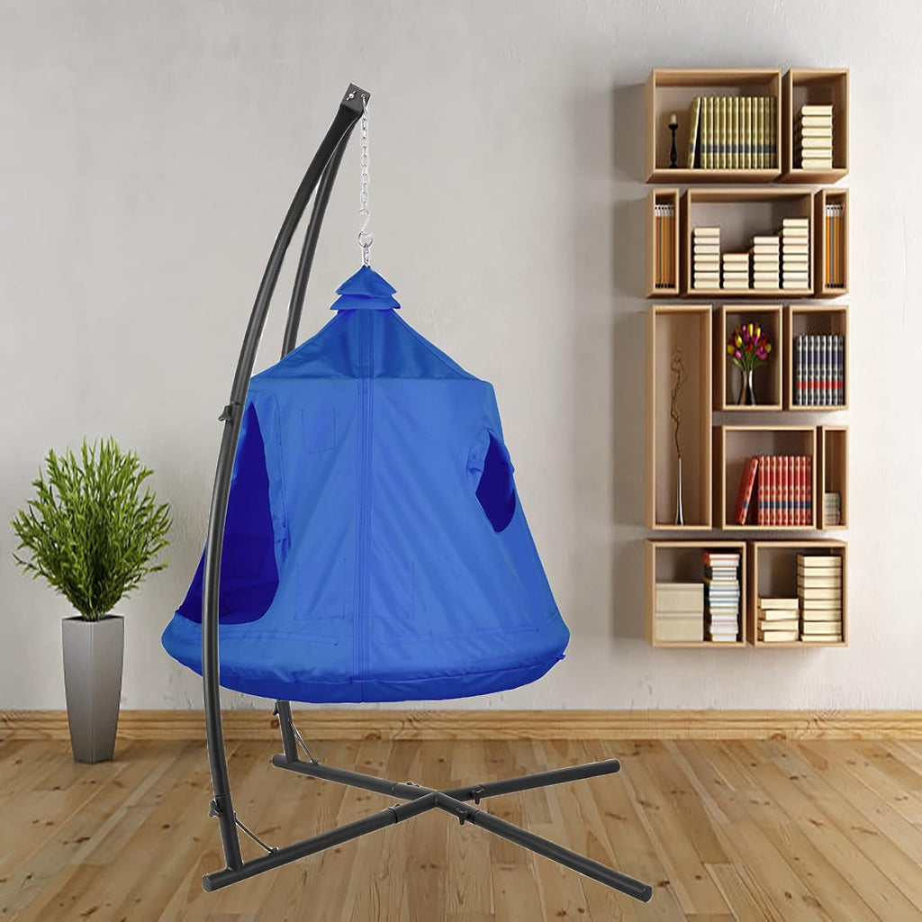 X-Shaped Hanging Tree Tent w/Swing Chair,Hammock Chair Stand Canopy w/Steel Frame,Indoor Outdoor Egg Basket Patio Seat w/Adjustable Solid Stand,Bedroom Porch Balcony Garden 330lb (Blue)